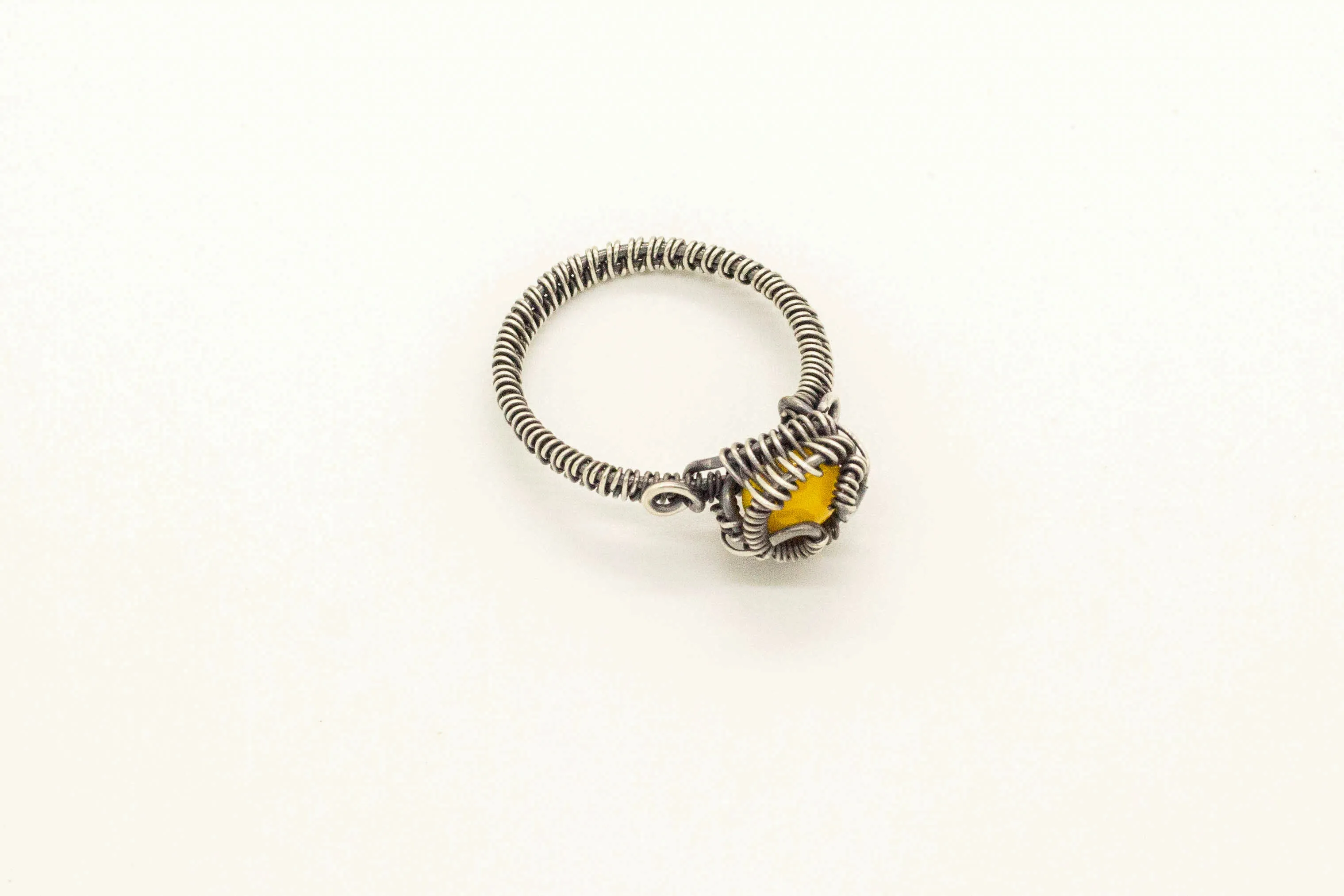 Sterling Silver Wire Wrapped Ring with Bright Yellow Fused Glass Accent