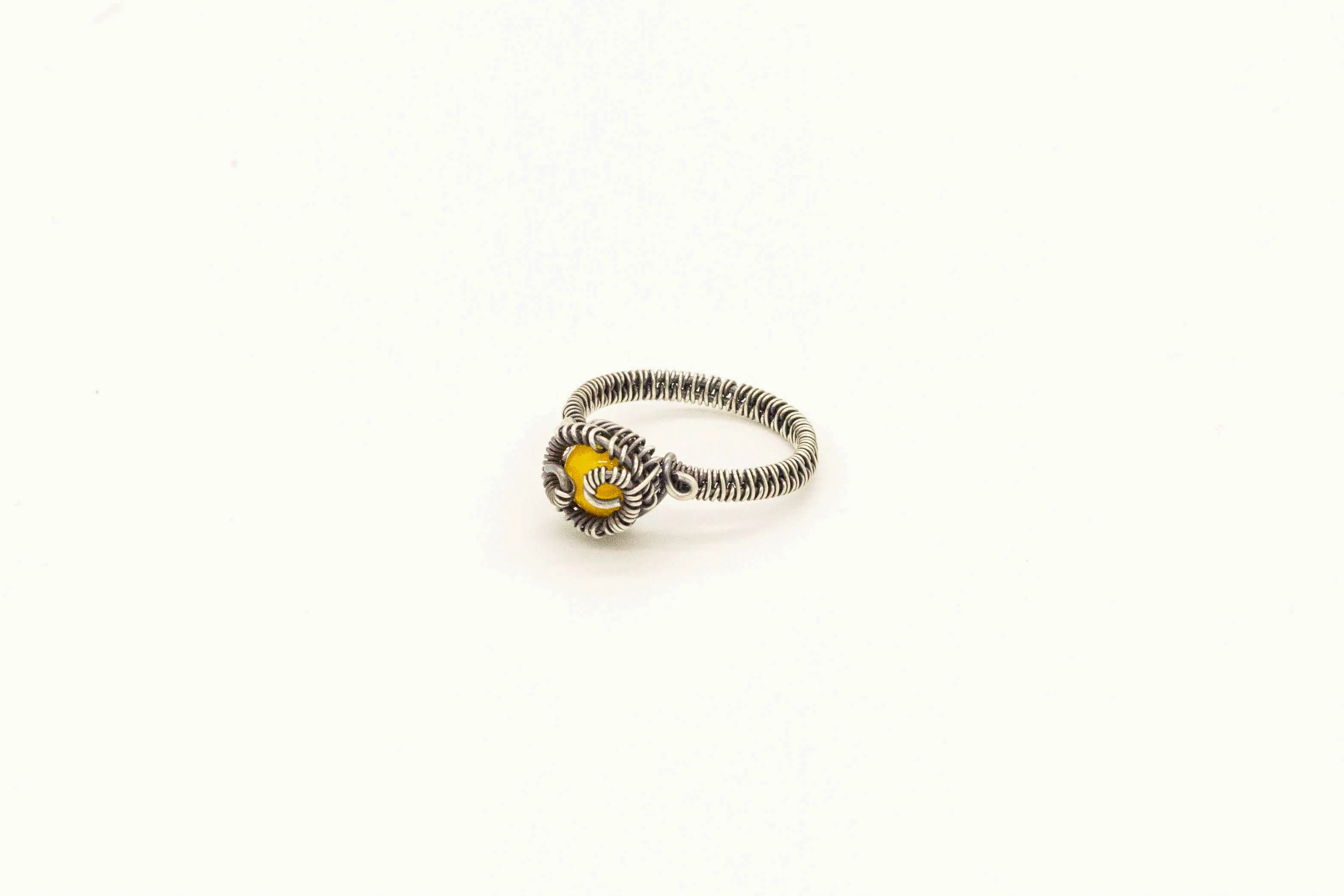 Sterling Silver Wire Wrapped Ring with Bright Yellow Fused Glass Accent