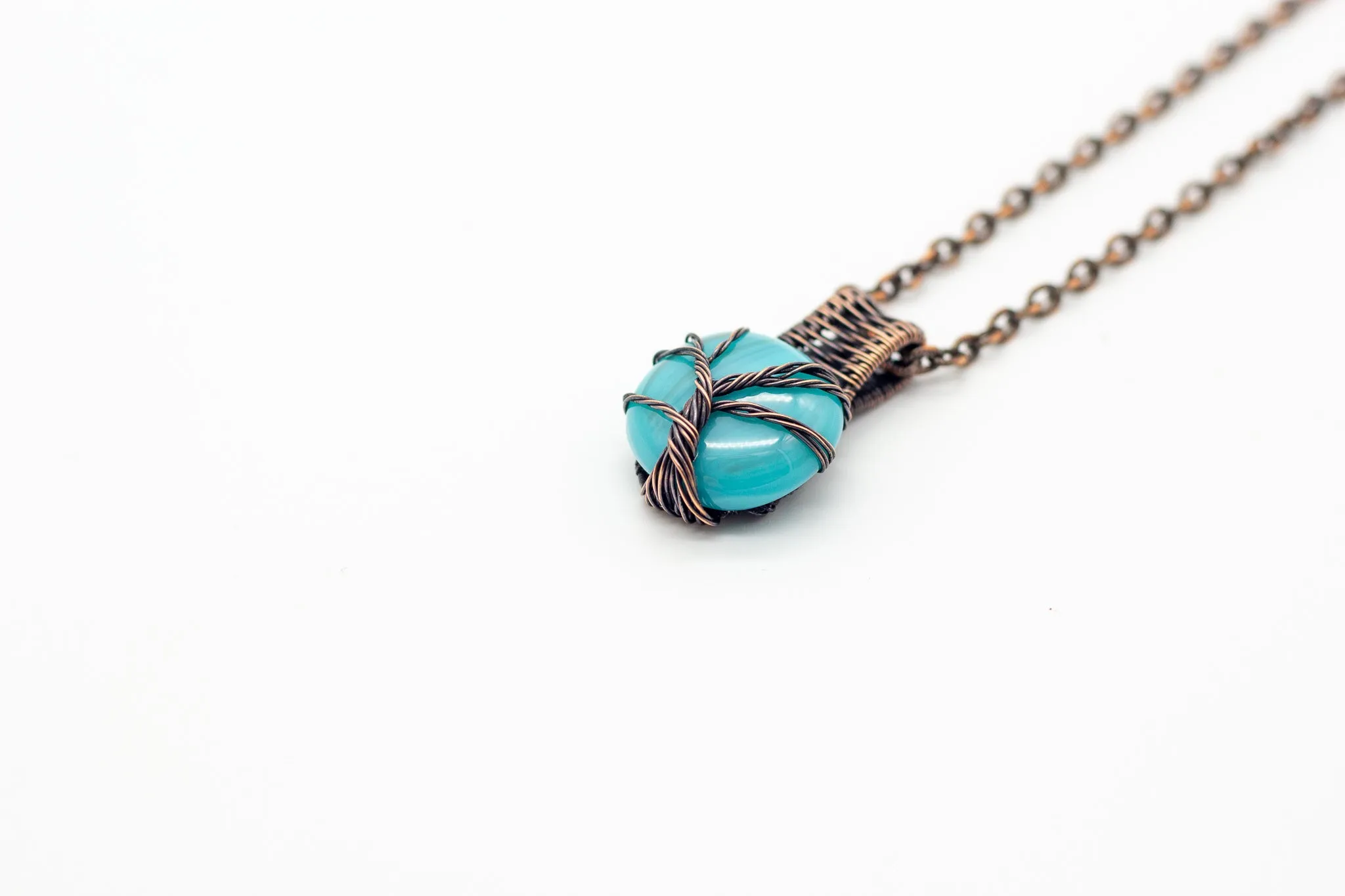 Streaked Blue Fused Glass Pendant with Copper Tree of Life