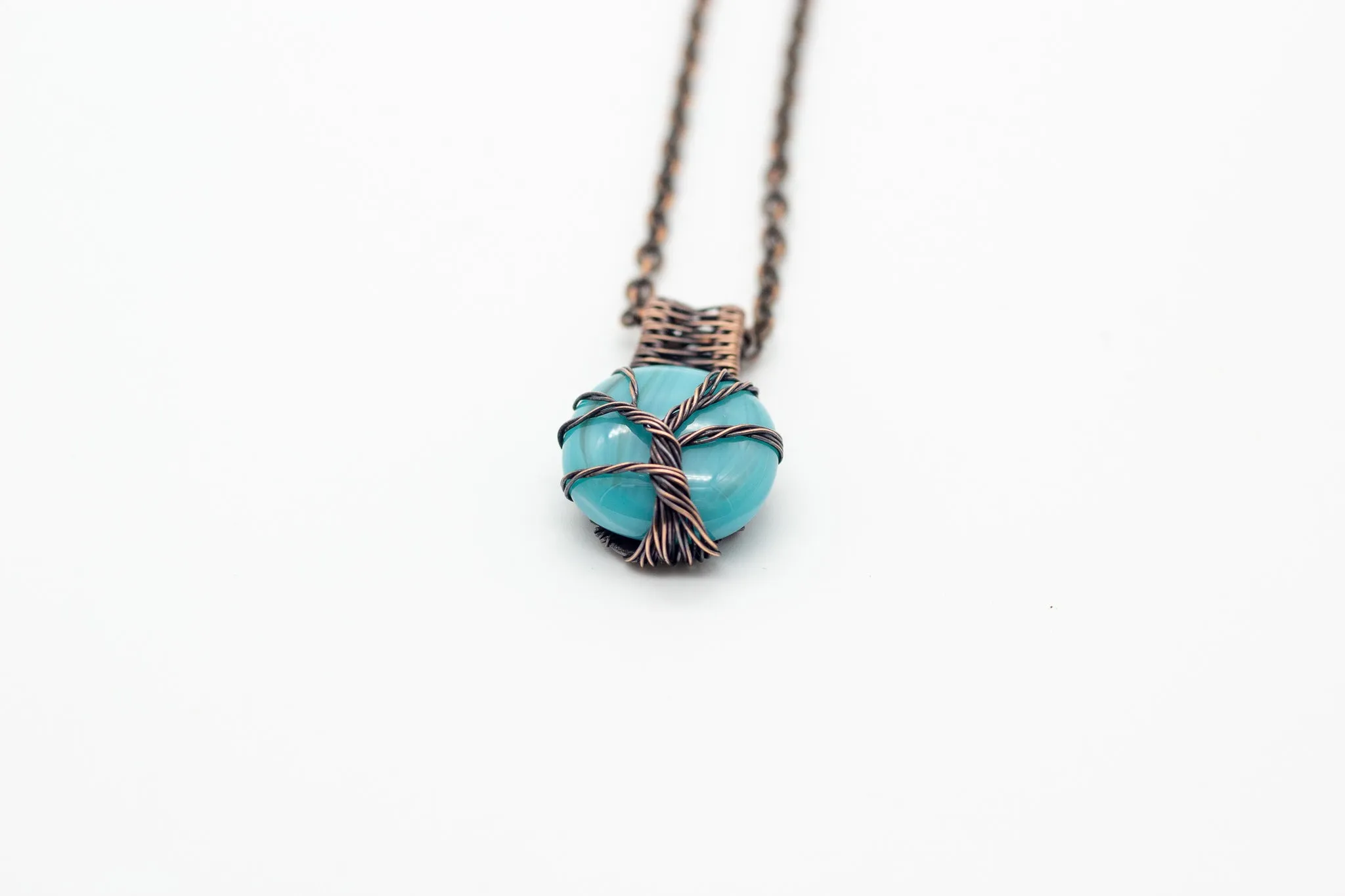 Streaked Blue Fused Glass Pendant with Copper Tree of Life