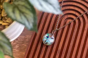 Streaked Green, Blue, and Black Fused Glass Pendant with Copper Wire Wrapping