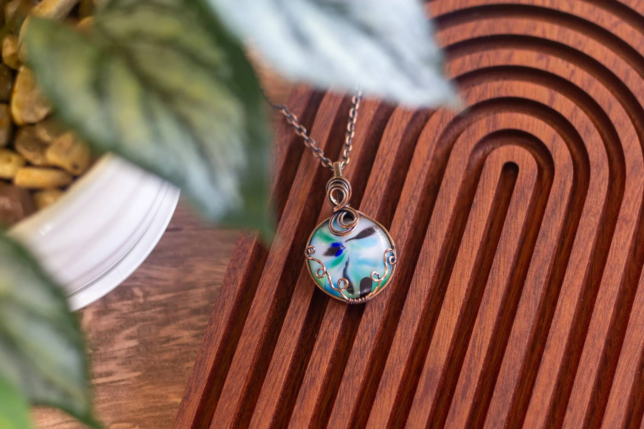 Streaked Green, Blue, and Black Fused Glass Pendant with Copper Wire Wrapping