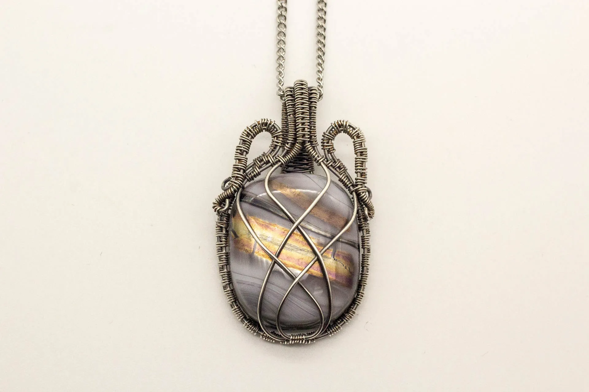 Streaked Grey Fused Glass and Sterling Silver Wire Wrapped Pendant