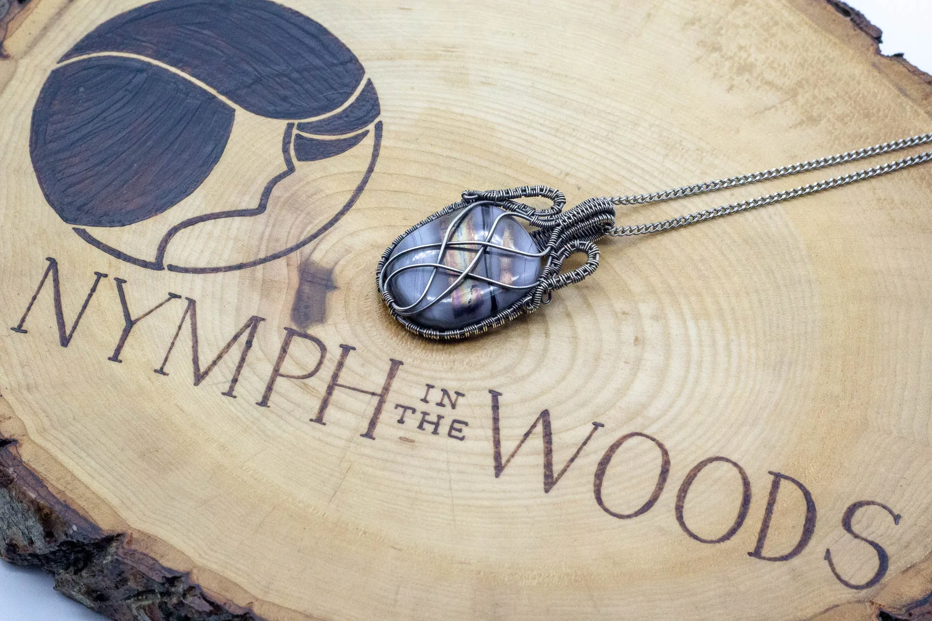 Streaked Grey Fused Glass and Sterling Silver Wire Wrapped Pendant