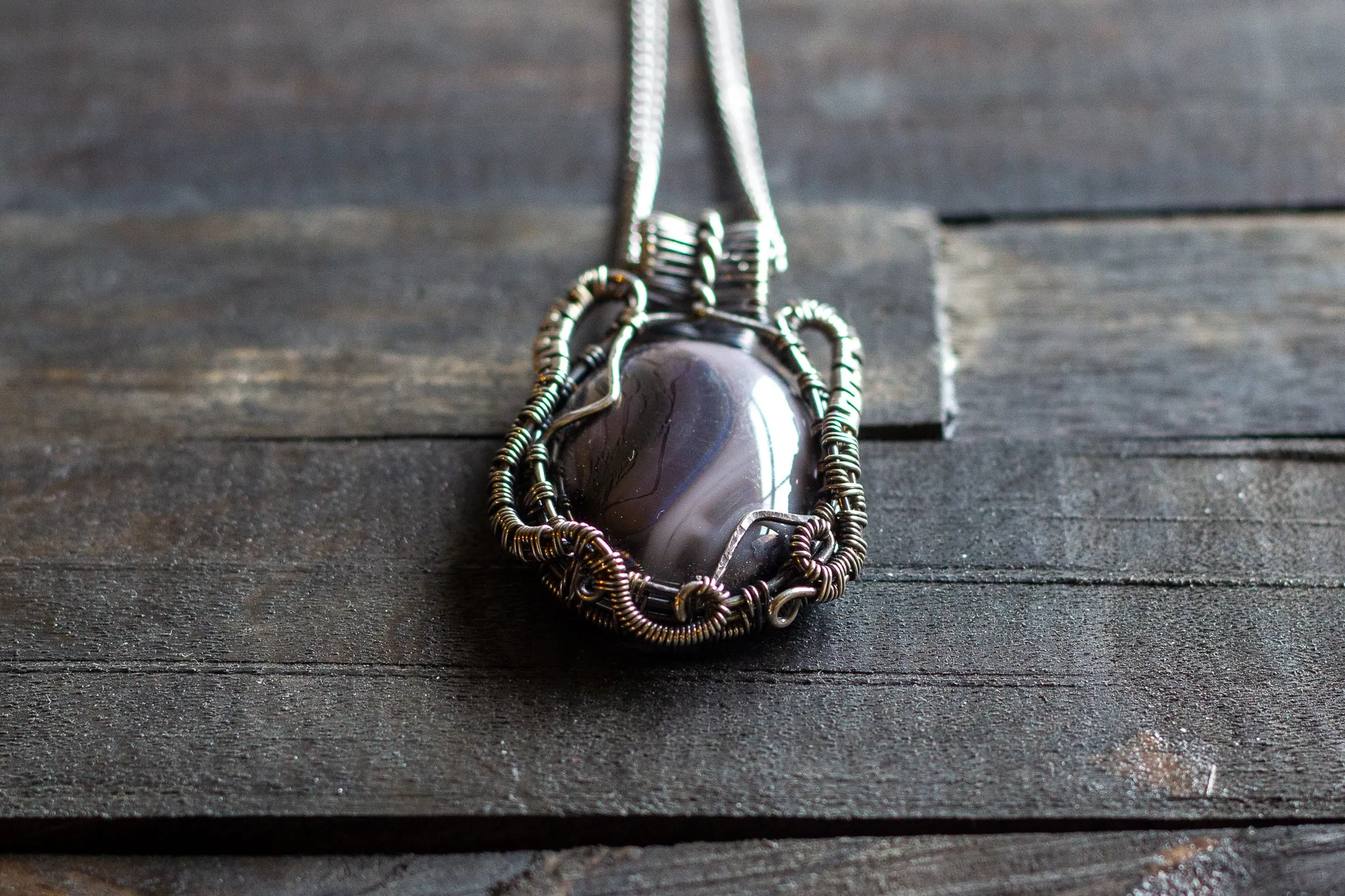 Streaked Grey Fused Glass and Sterling Silver Wire Wrapped Pendant