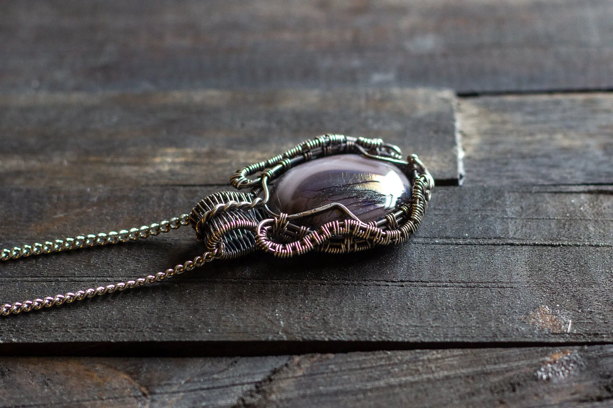 Streaked Grey Fused Glass and Sterling Silver Wire Wrapped Pendant