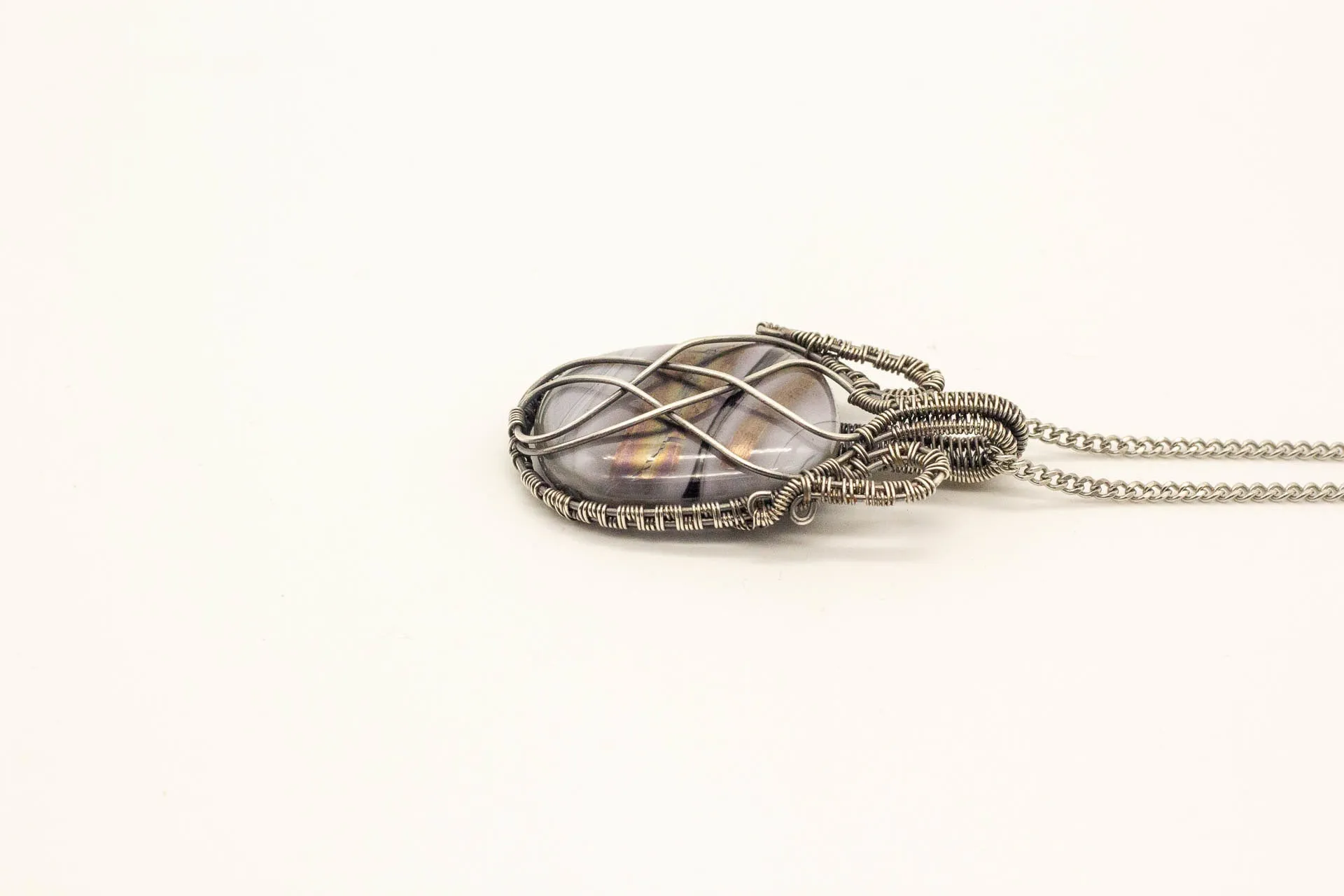 Streaked Grey Fused Glass and Sterling Silver Wire Wrapped Pendant