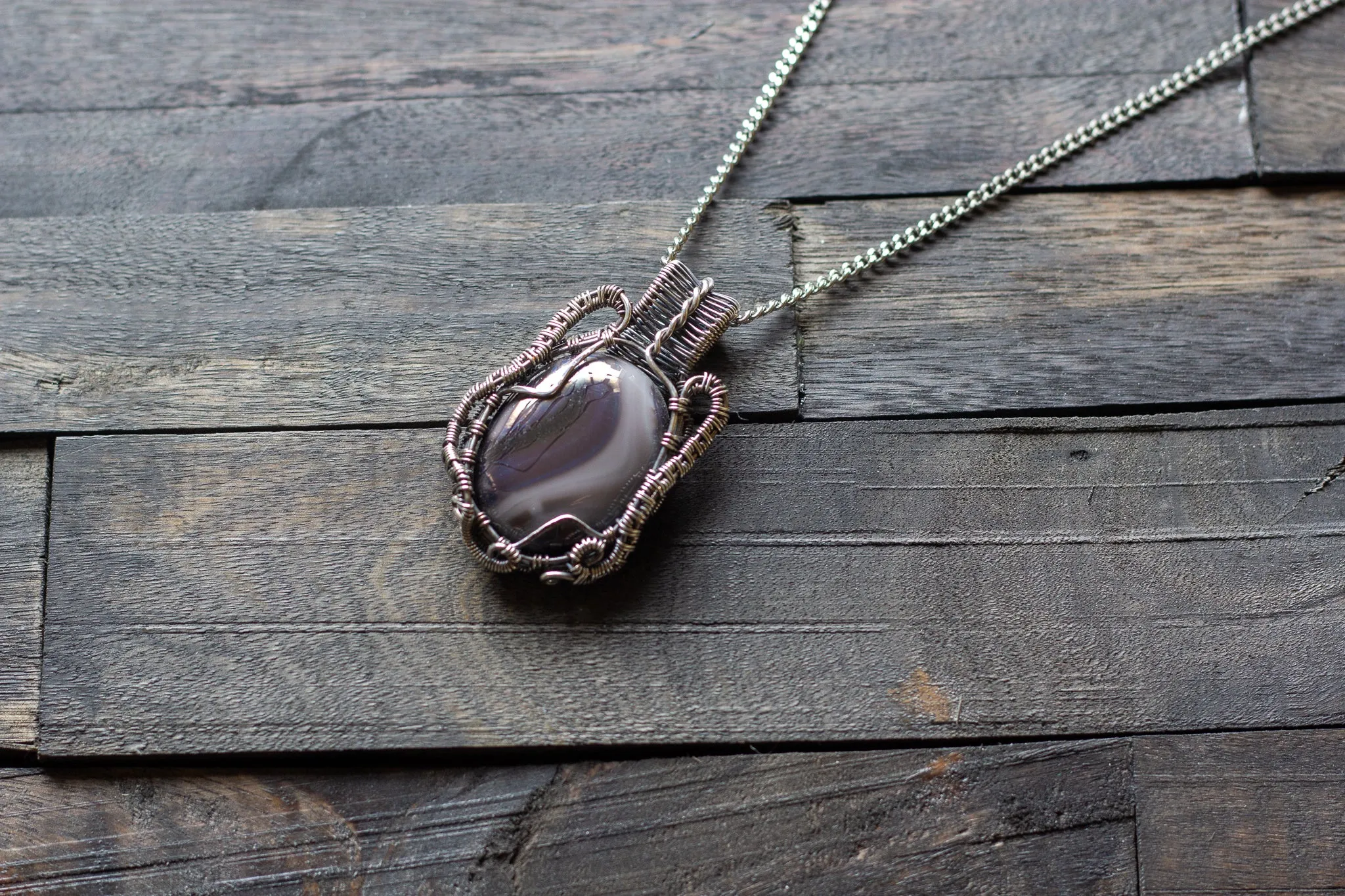 Streaked Grey Fused Glass and Sterling Silver Wire Wrapped Pendant