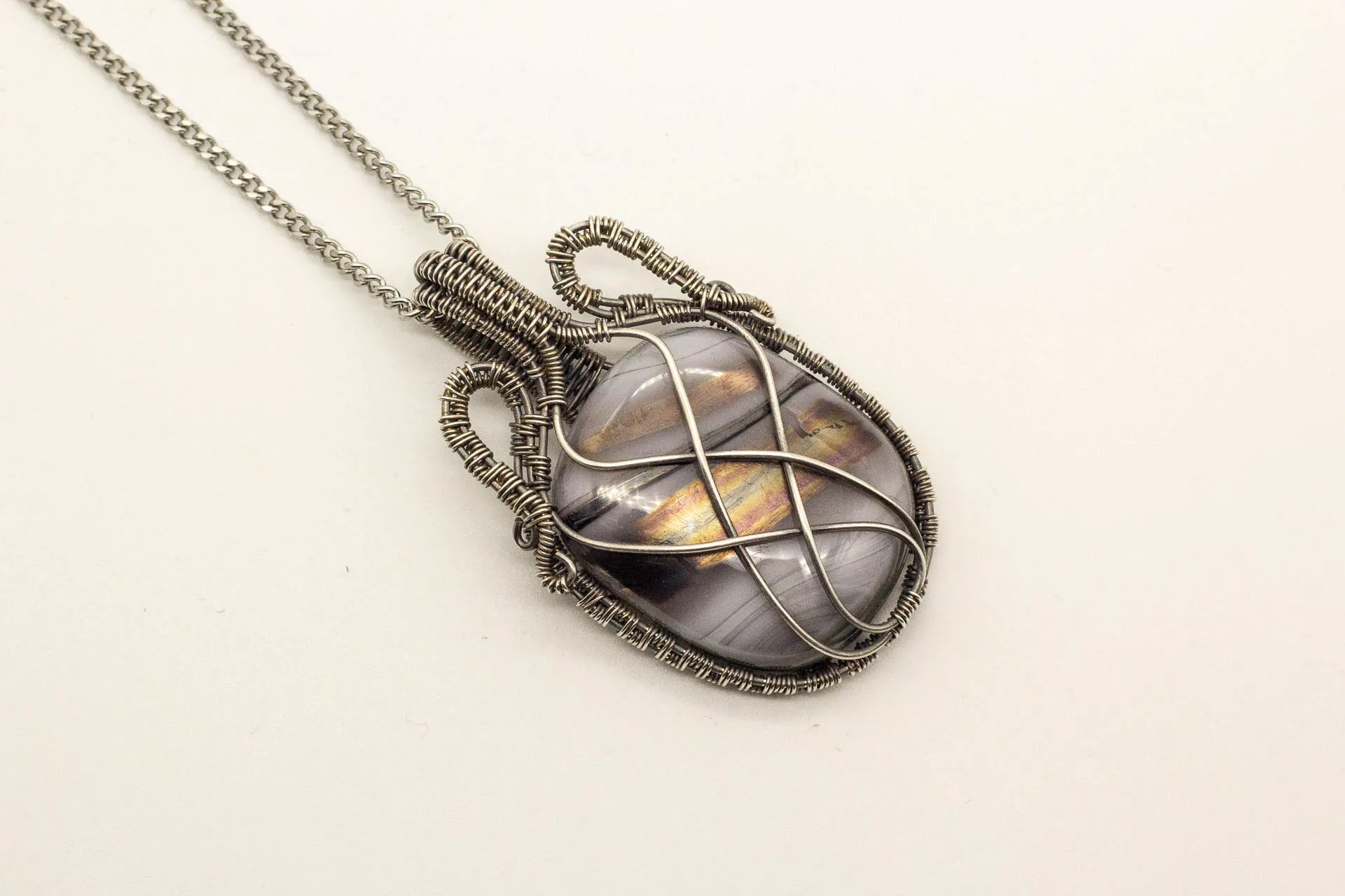 Streaked Grey Fused Glass and Sterling Silver Wire Wrapped Pendant