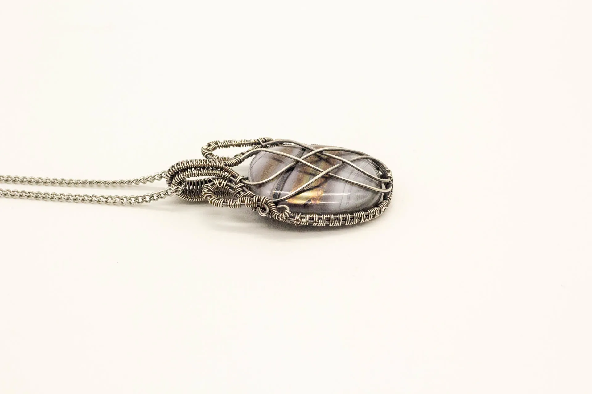 Streaked Grey Fused Glass and Sterling Silver Wire Wrapped Pendant