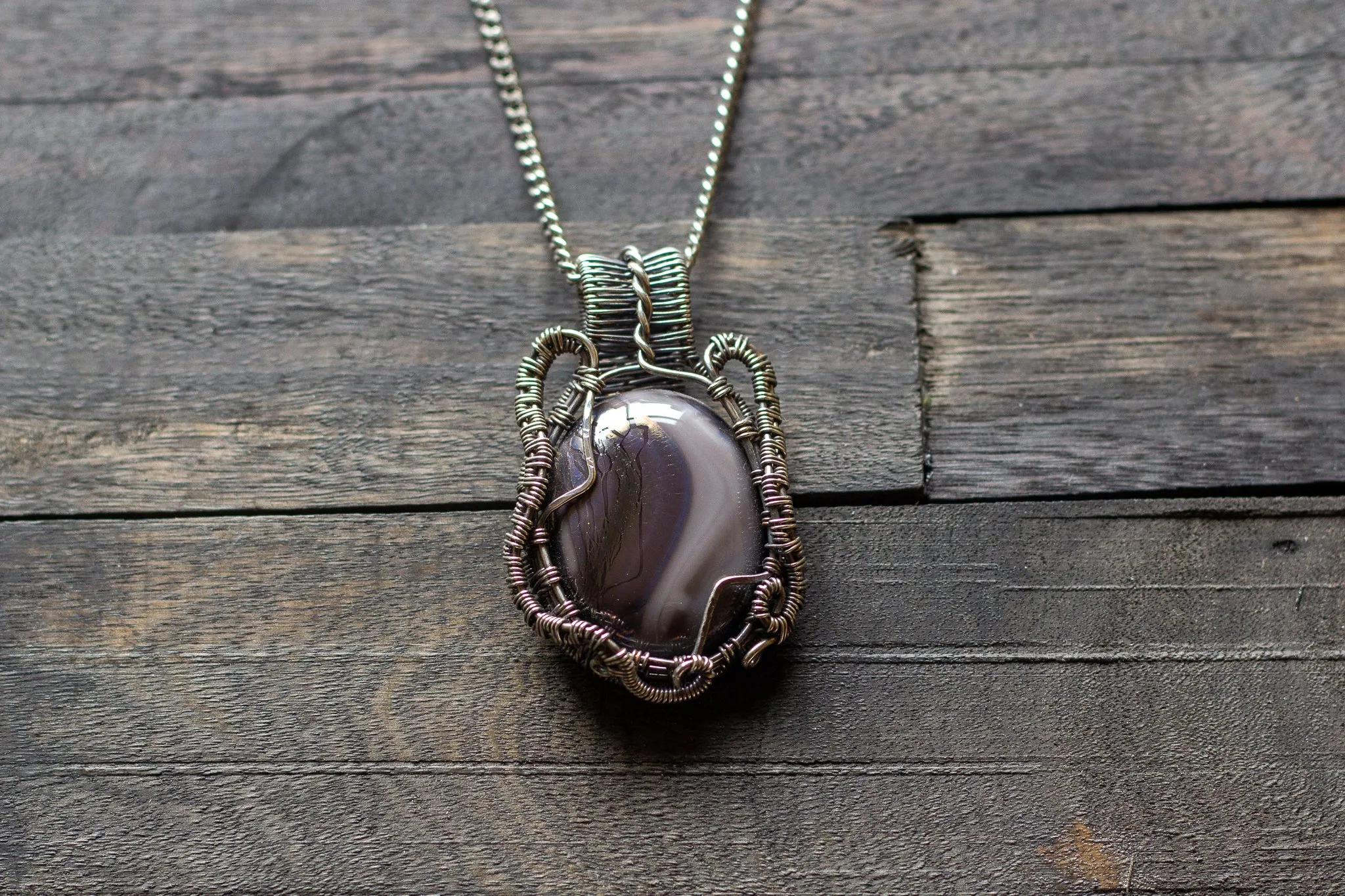 Streaked Grey Fused Glass and Sterling Silver Wire Wrapped Pendant