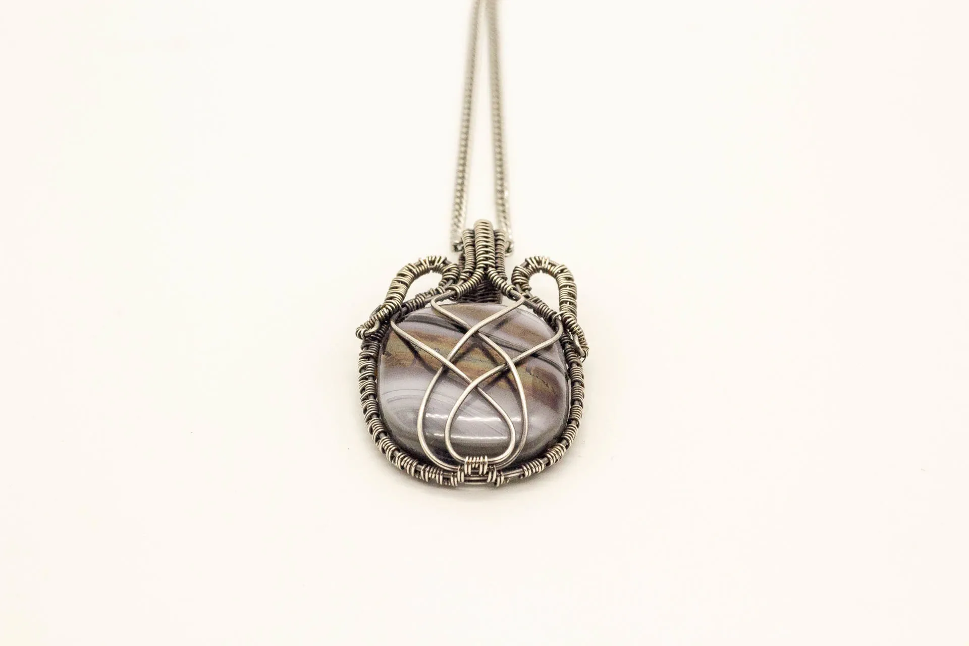 Streaked Grey Fused Glass and Sterling Silver Wire Wrapped Pendant