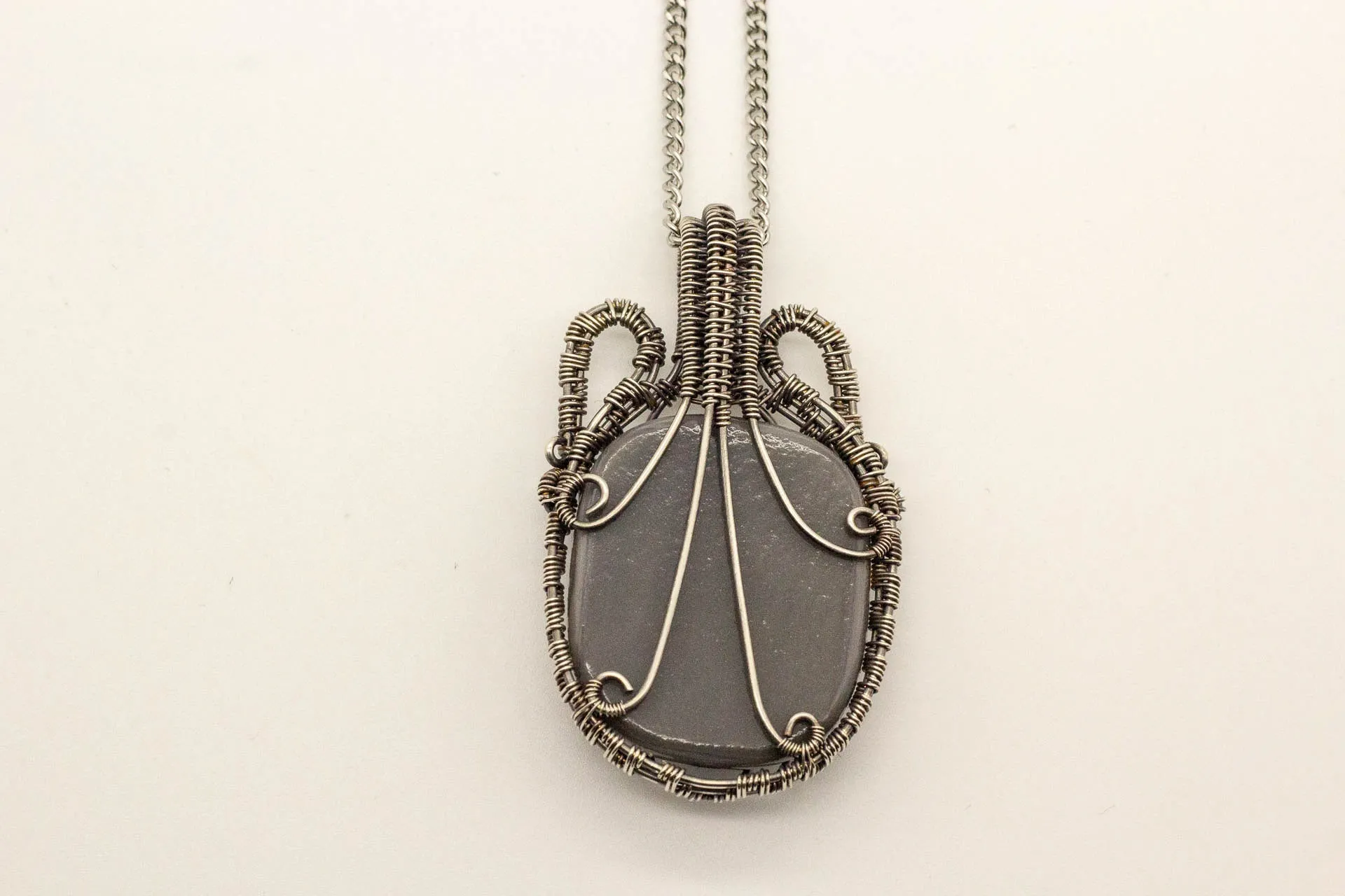 Streaked Grey Fused Glass and Sterling Silver Wire Wrapped Pendant