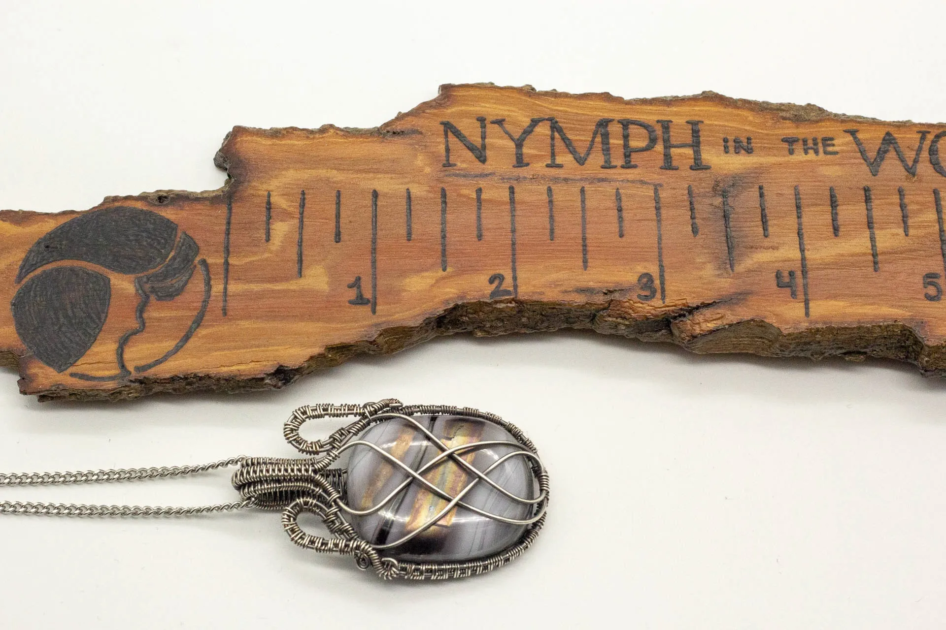 Streaked Grey Fused Glass and Sterling Silver Wire Wrapped Pendant