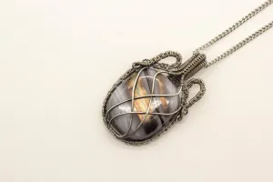 Streaked Grey Fused Glass and Sterling Silver Wire Wrapped Pendant