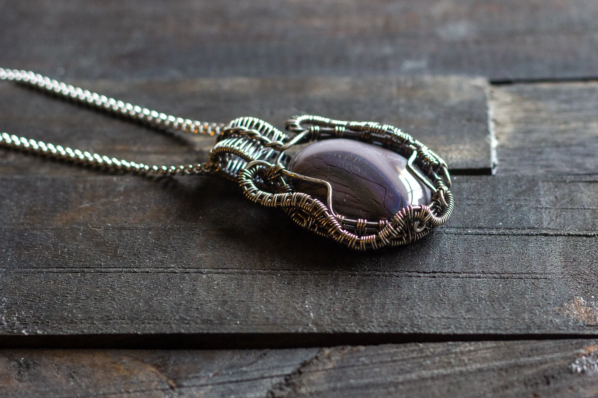 Streaked Grey Fused Glass and Sterling Silver Wire Wrapped Pendant