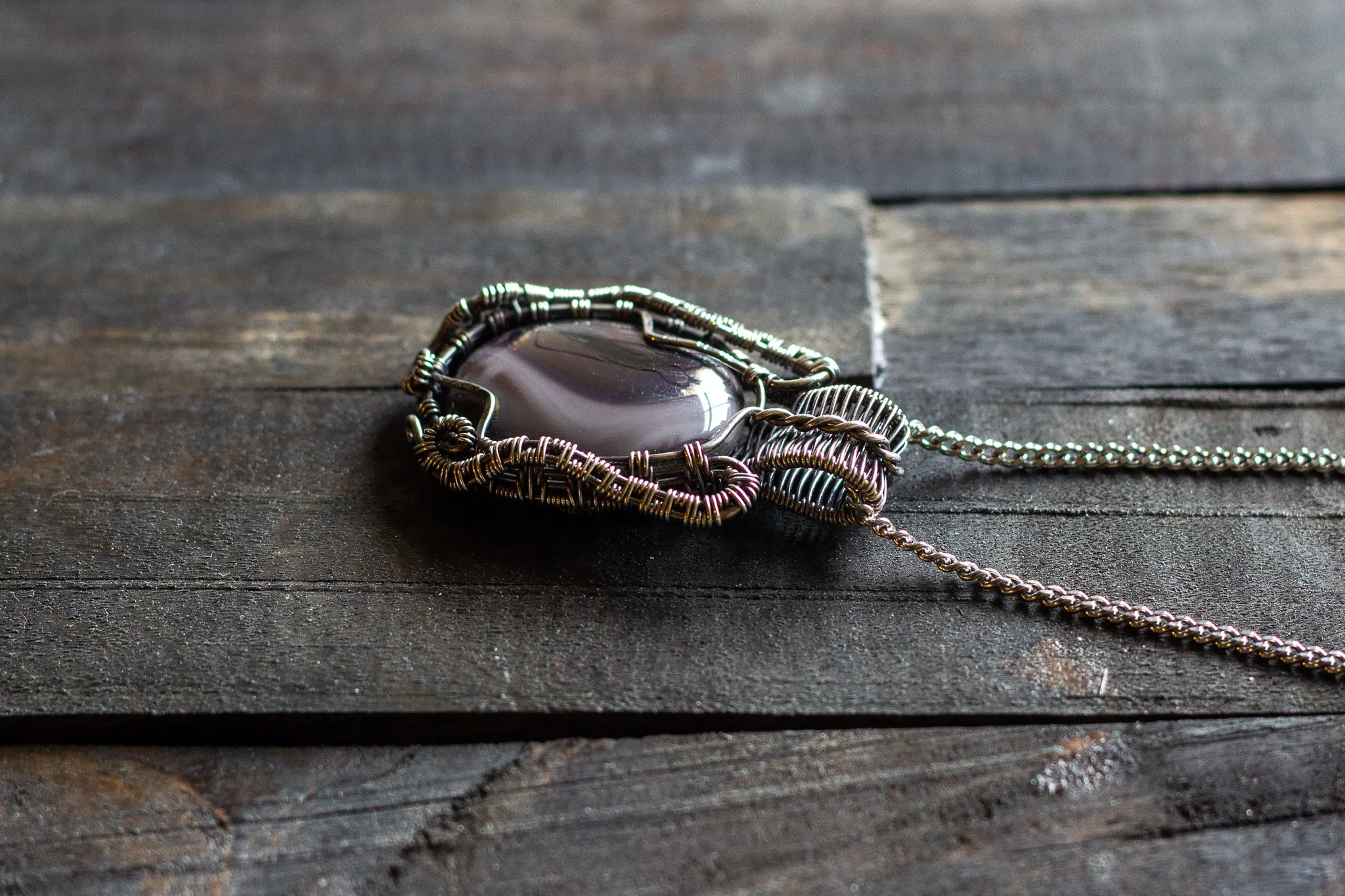 Streaked Grey Fused Glass and Sterling Silver Wire Wrapped Pendant