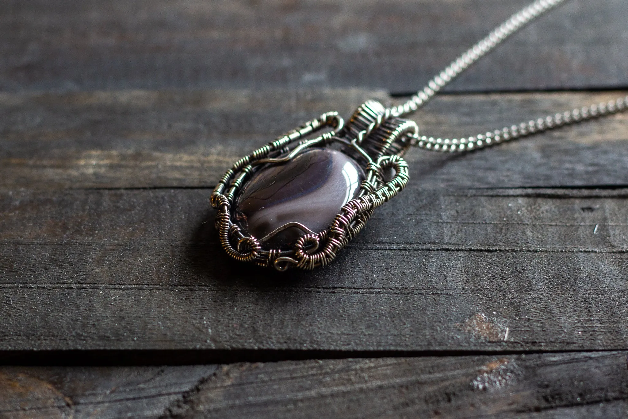 Streaked Grey Fused Glass and Sterling Silver Wire Wrapped Pendant