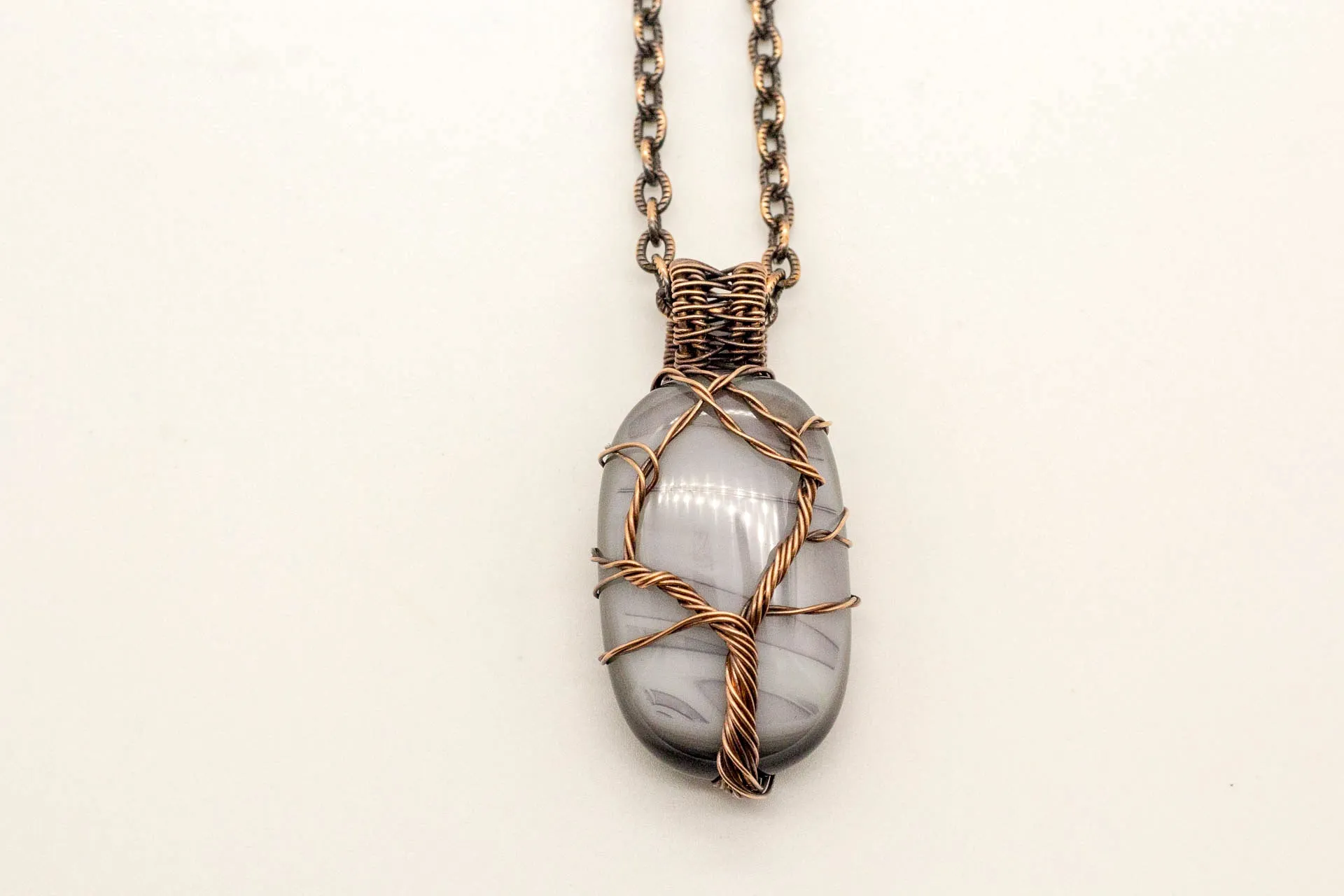Streaked Grey Fused Glass Pendant with Copper Tree of Life