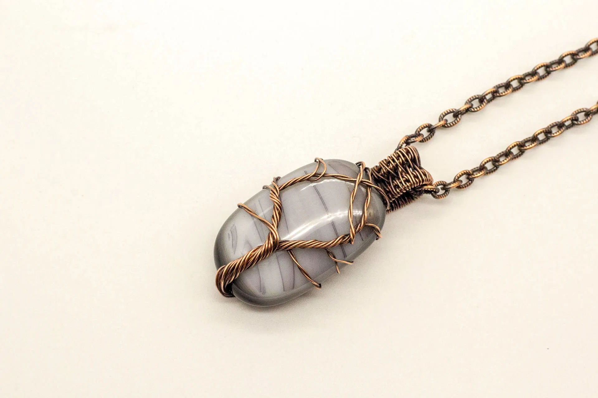 Streaked Grey Fused Glass Pendant with Copper Tree of Life