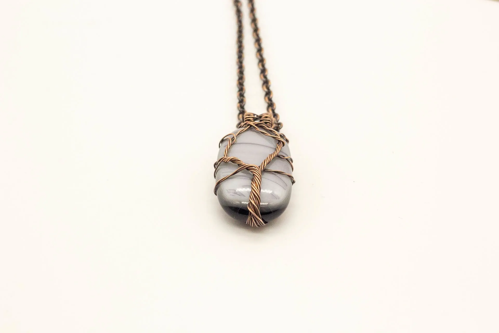Streaked Grey Fused Glass Pendant with Copper Tree of Life