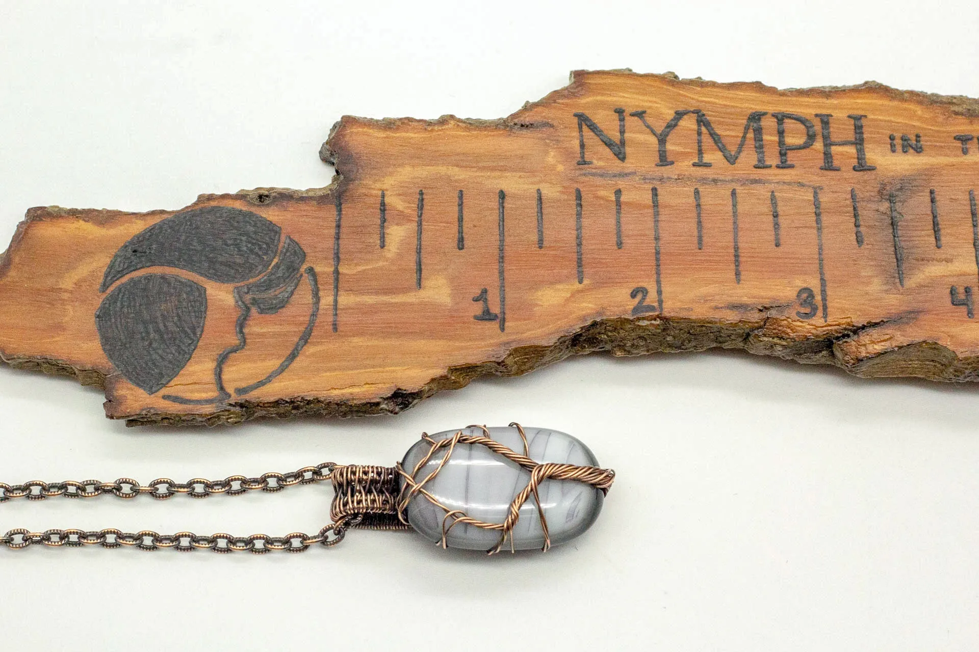 Streaked Grey Fused Glass Pendant with Copper Tree of Life