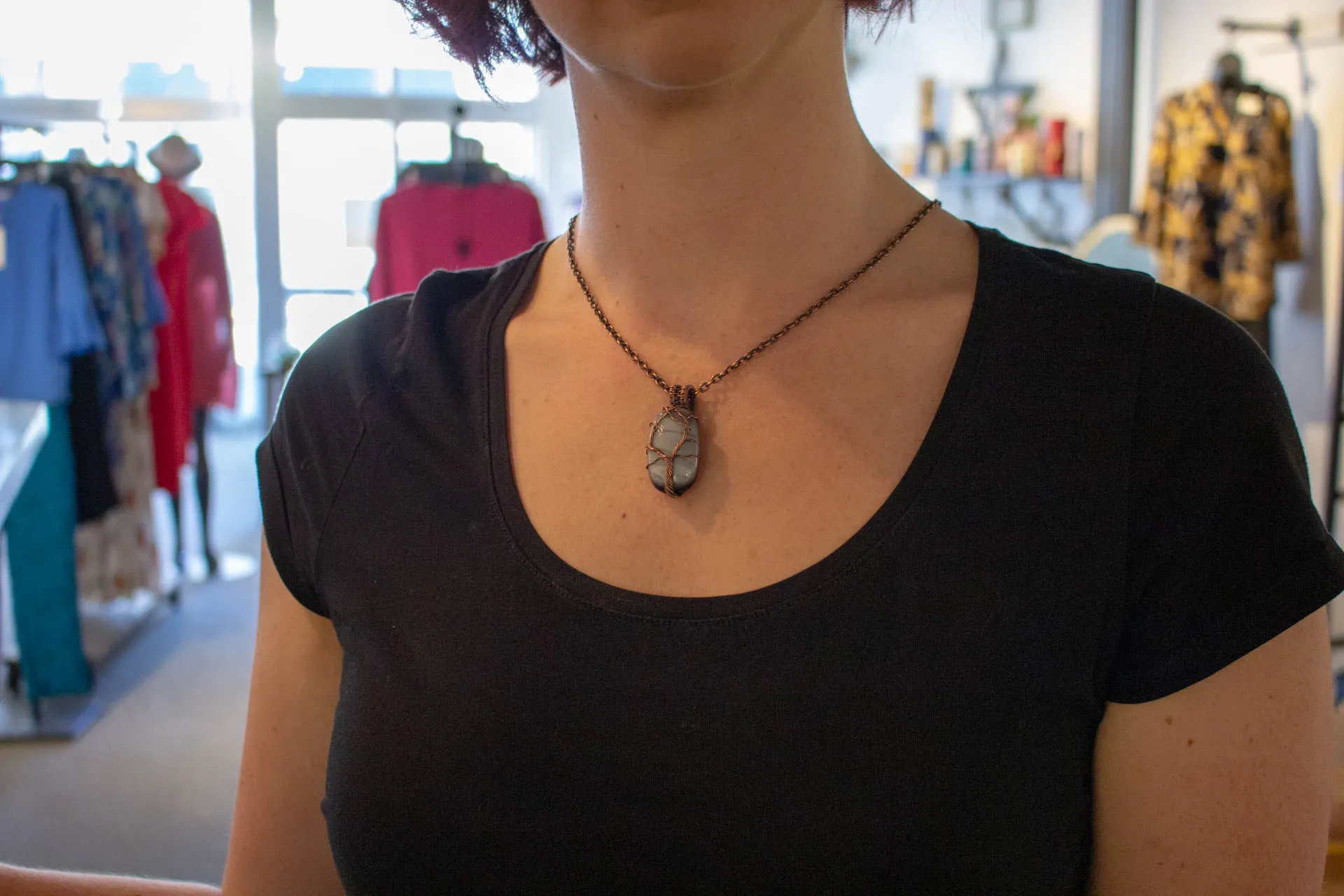 Streaked Grey Fused Glass Pendant with Copper Tree of Life