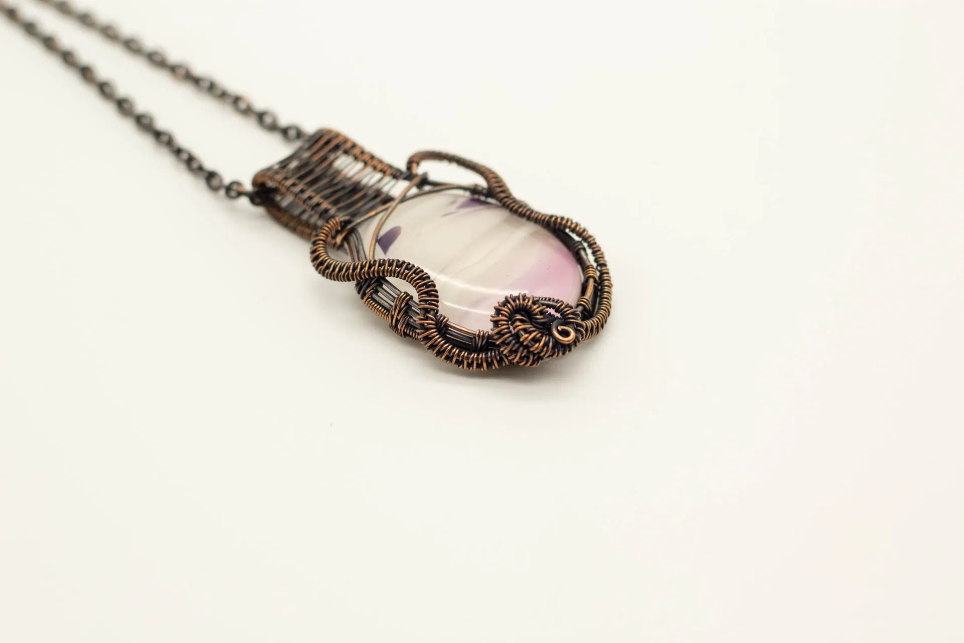 Streaked Pink and Cream Fused Glass Pendant with Copper Wire Wrapping