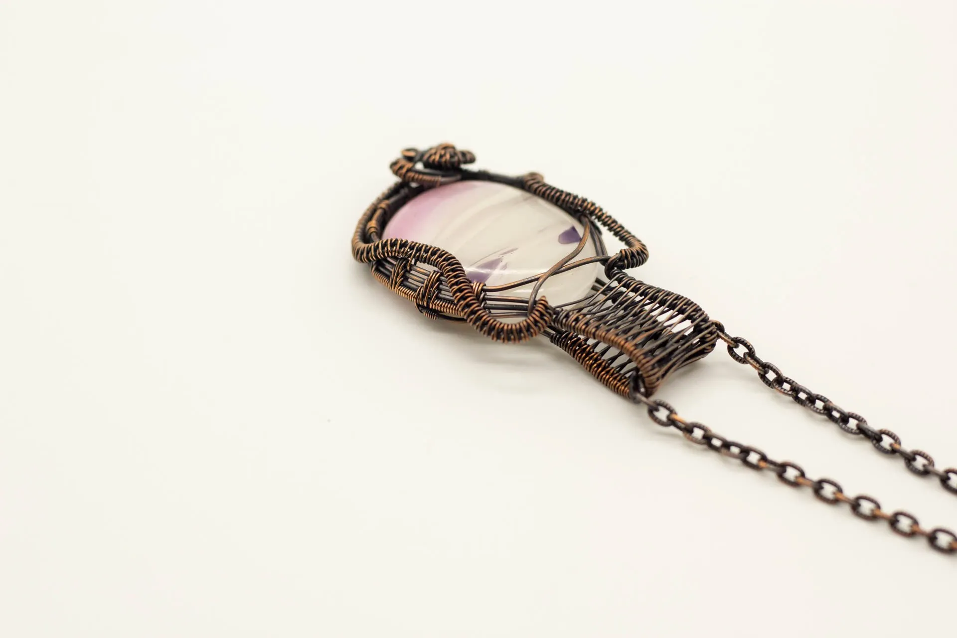Streaked Pink and Cream Fused Glass Pendant with Copper Wire Wrapping