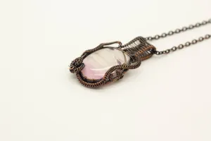 Streaked Pink and Cream Fused Glass Pendant with Copper Wire Wrapping