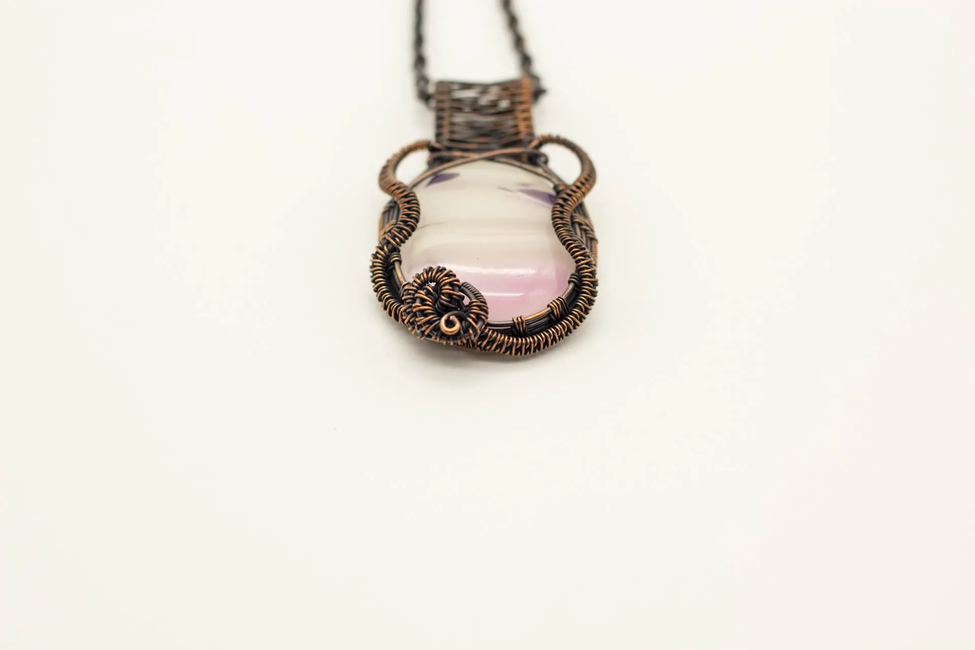 Streaked Pink and Cream Fused Glass Pendant with Copper Wire Wrapping