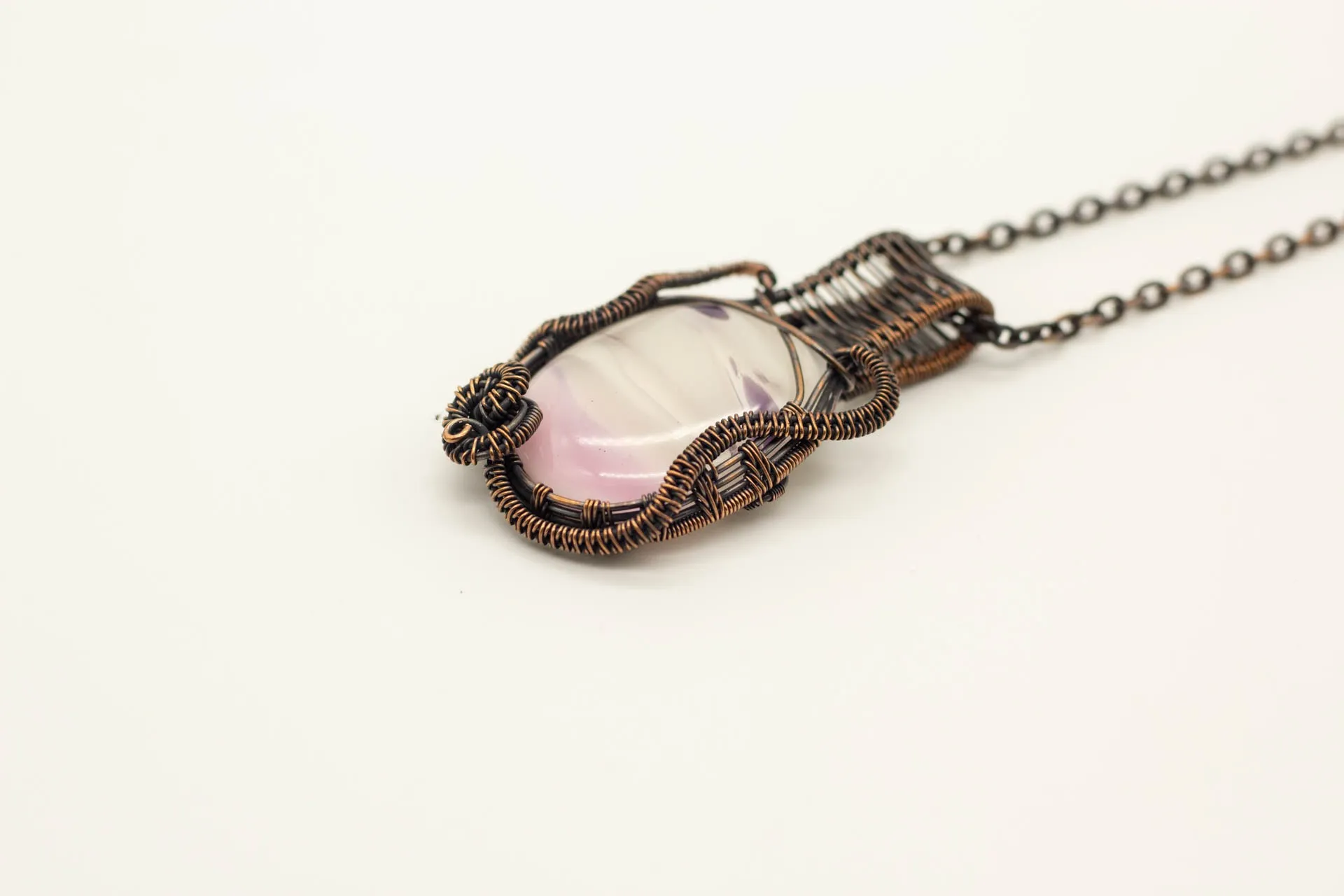 Streaked Pink and Cream Fused Glass Pendant with Copper Wire Wrapping