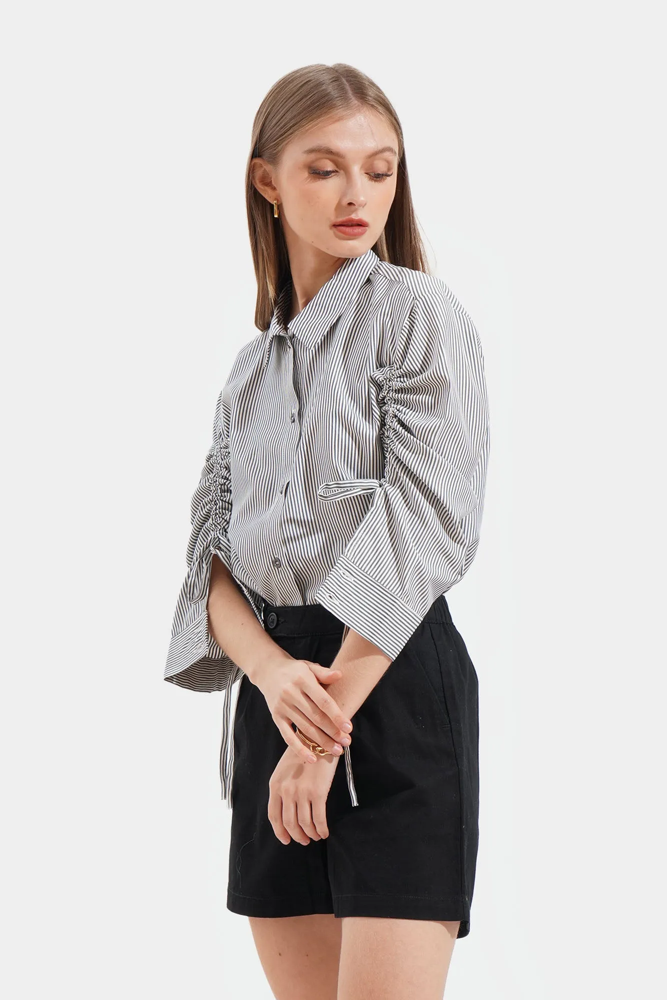 Striped Ruched Sleeve Relaxed Fit Shirt