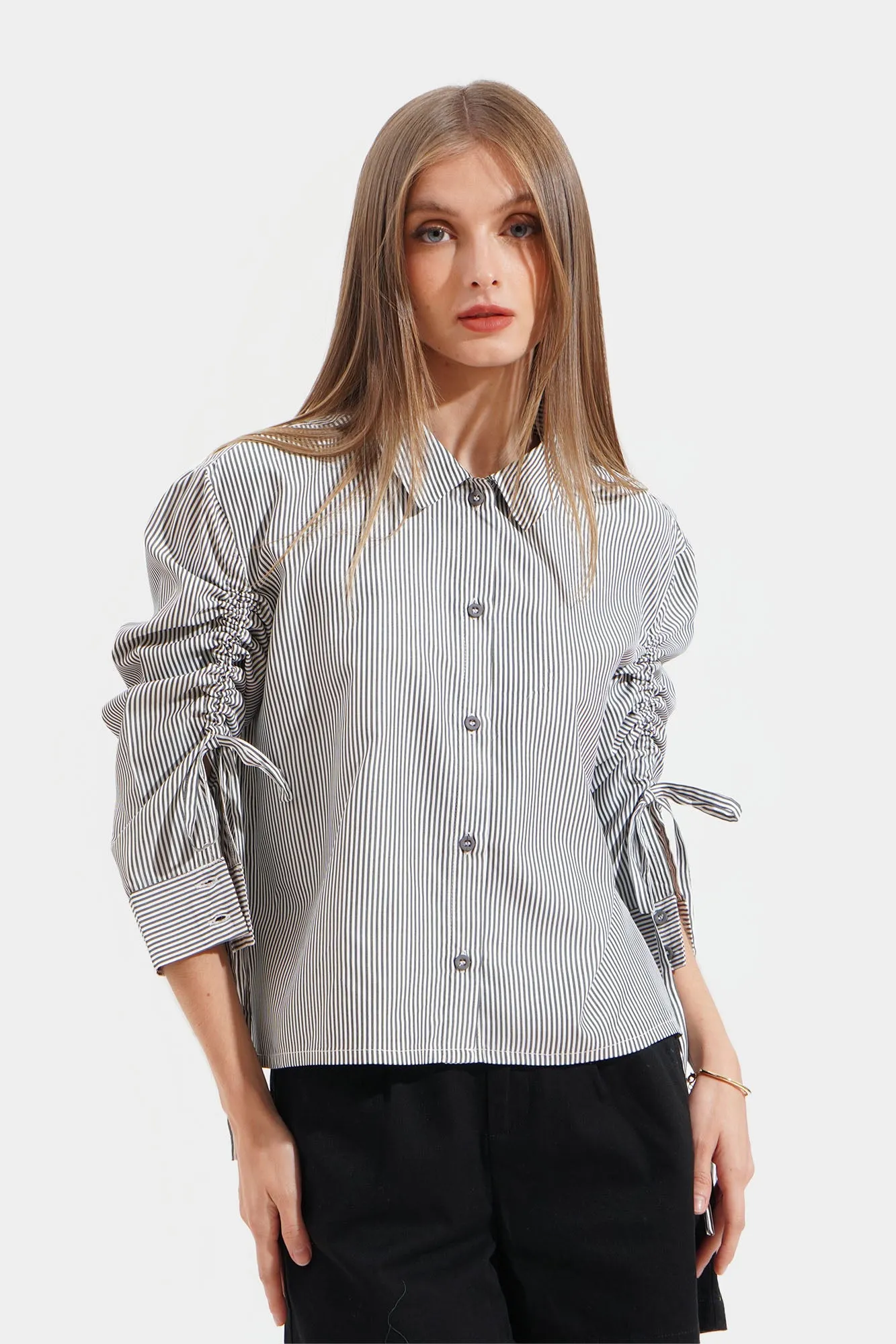 Striped Ruched Sleeve Relaxed Fit Shirt