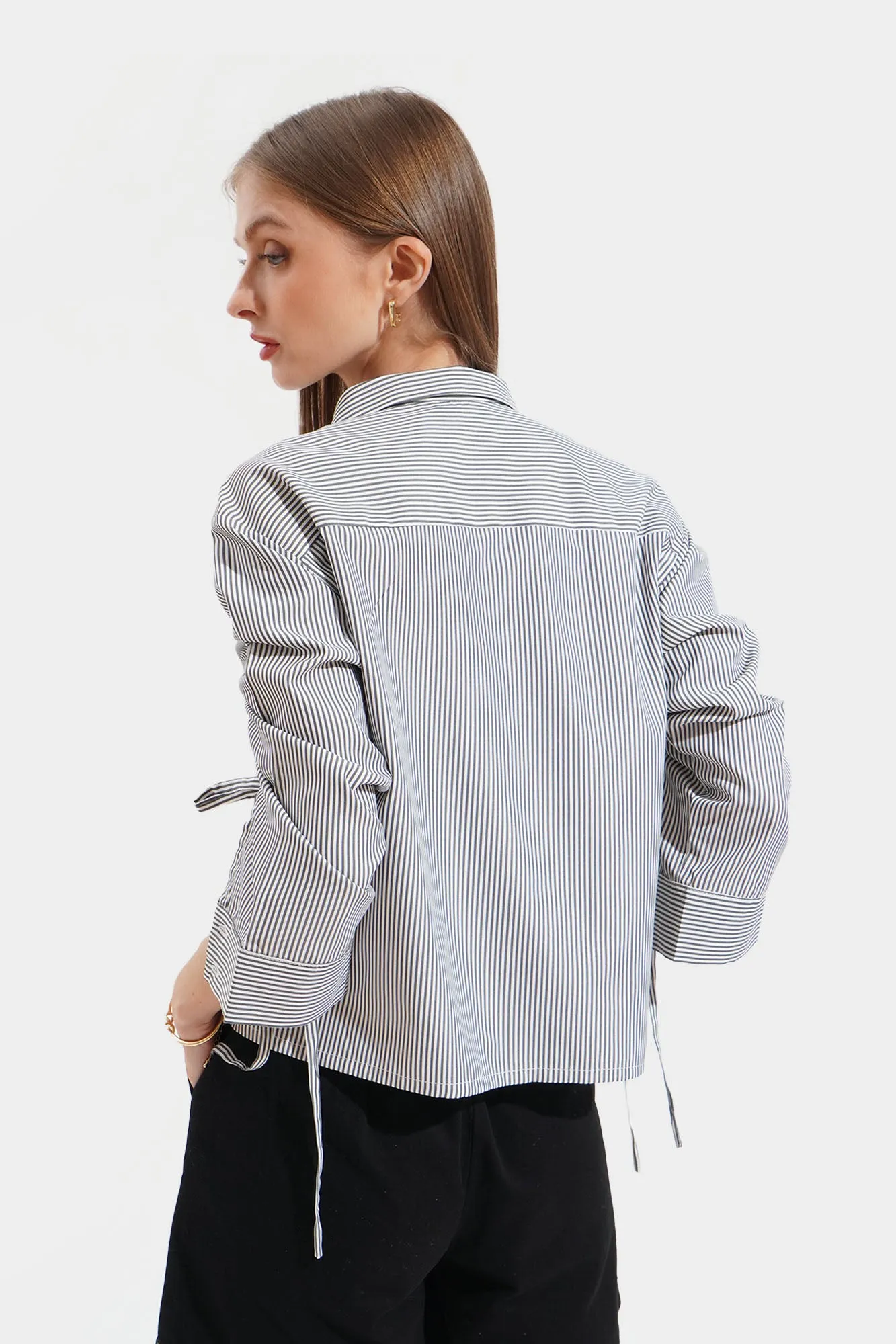 Striped Ruched Sleeve Relaxed Fit Shirt