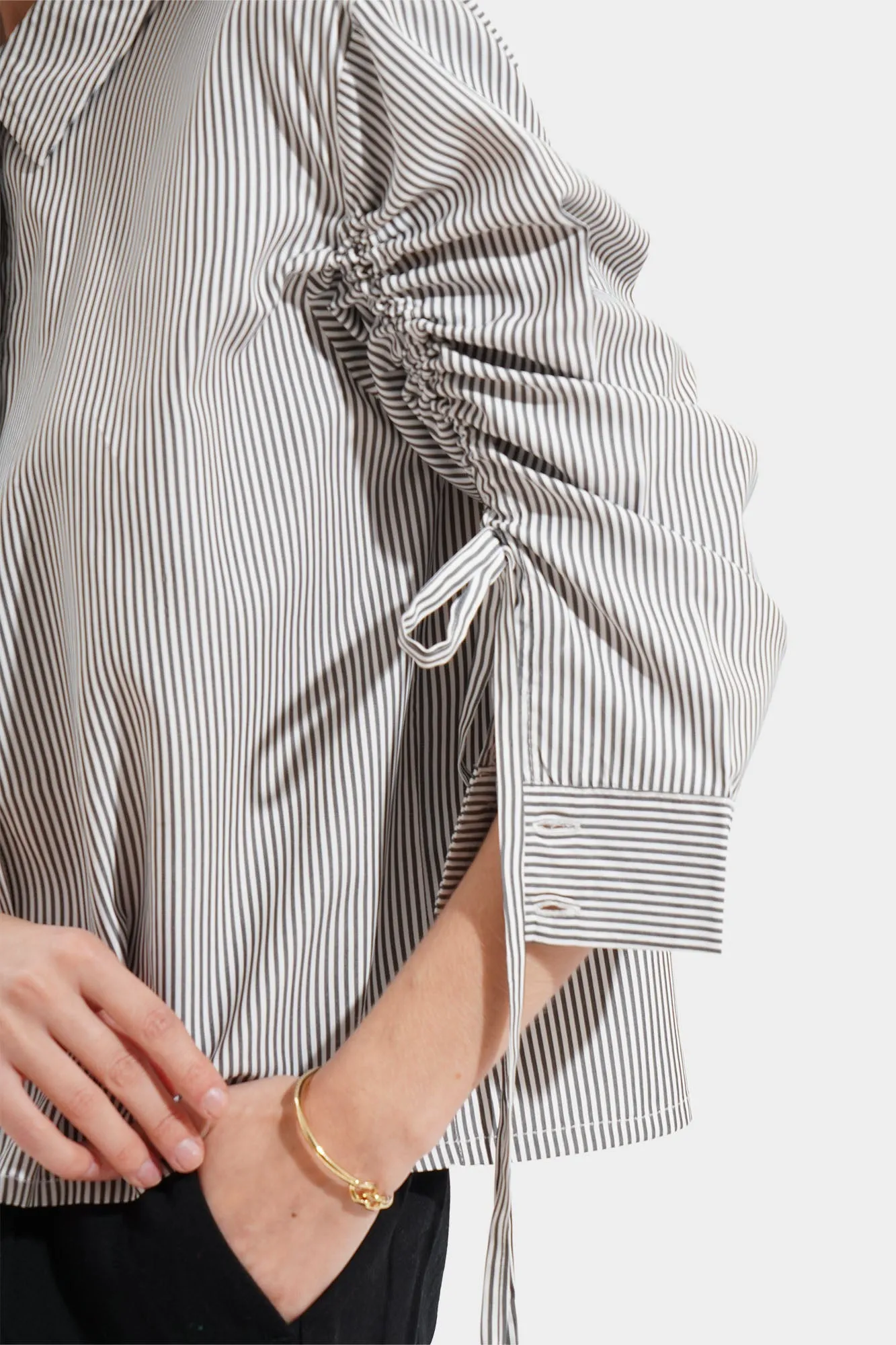Striped Ruched Sleeve Relaxed Fit Shirt