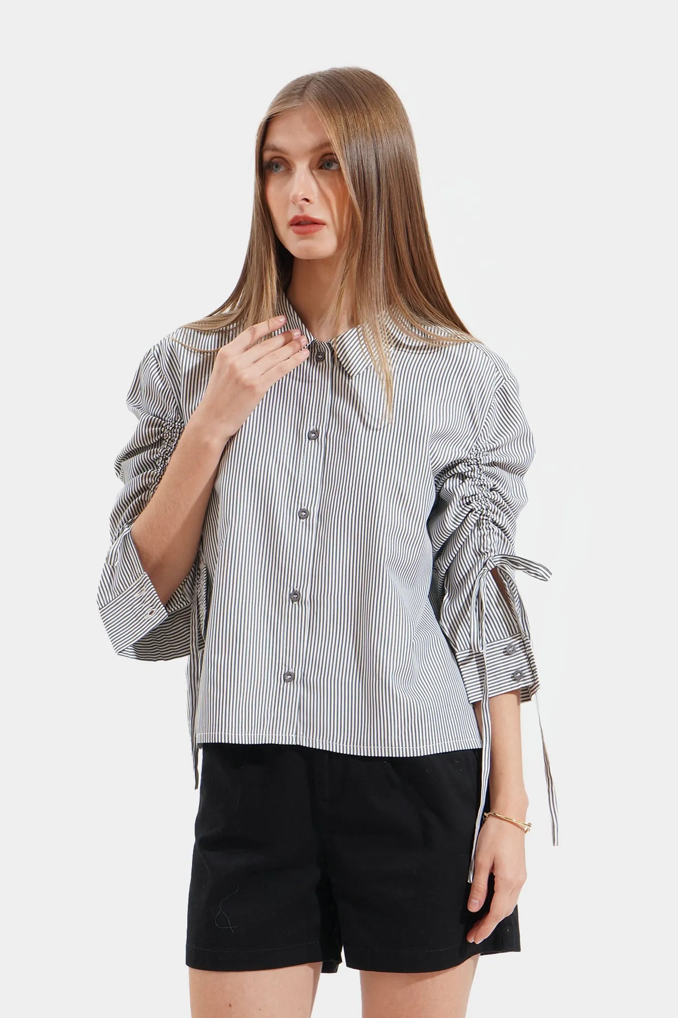 Striped Ruched Sleeve Relaxed Fit Shirt