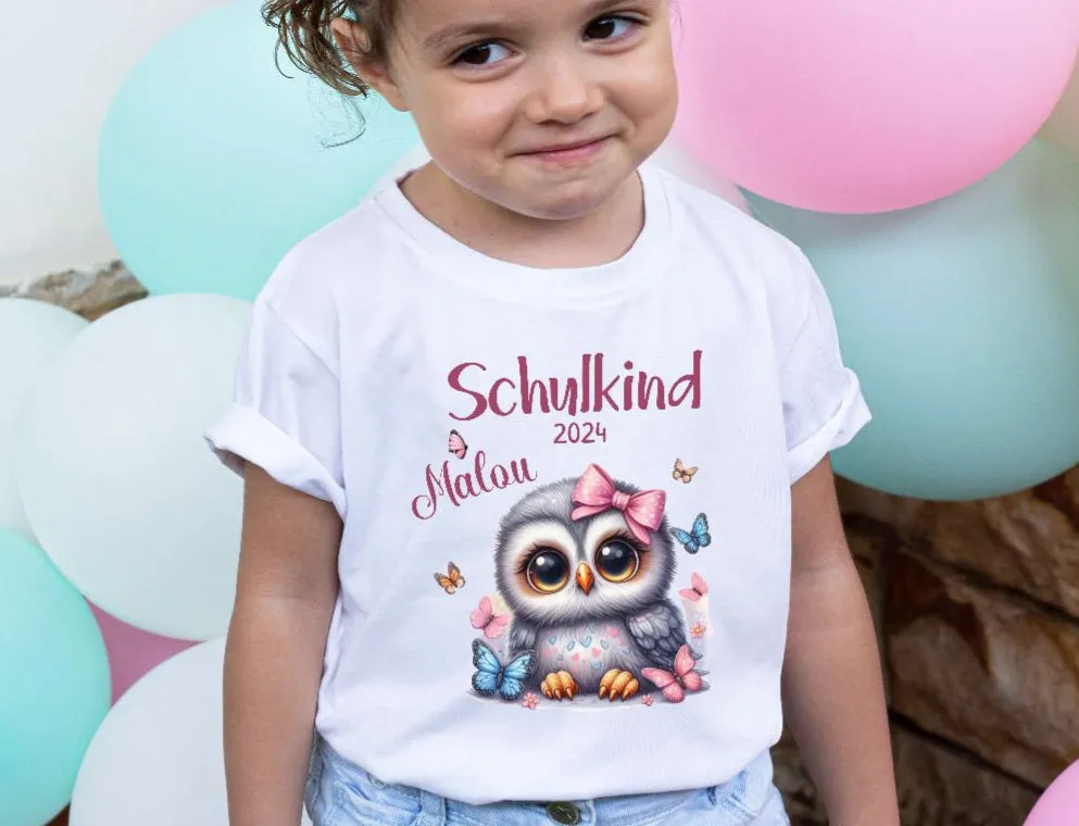 T-Shirt Schulkind Eule mit Name personalisiert Mädchen Einschulungsshirt Einschulung erste Klasse Geschenk