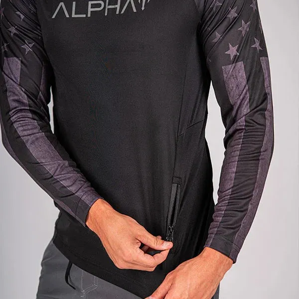Tactical Long Sleeve Mesh | Black | 2 Sleeve Black Out American Flag | Alpha