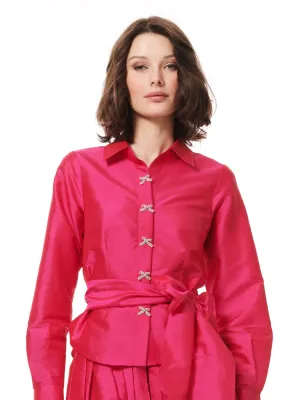 TAFFETA BLOUSE WITH CRYSTAL BOW BUTTONS AND SASH WATERMELON