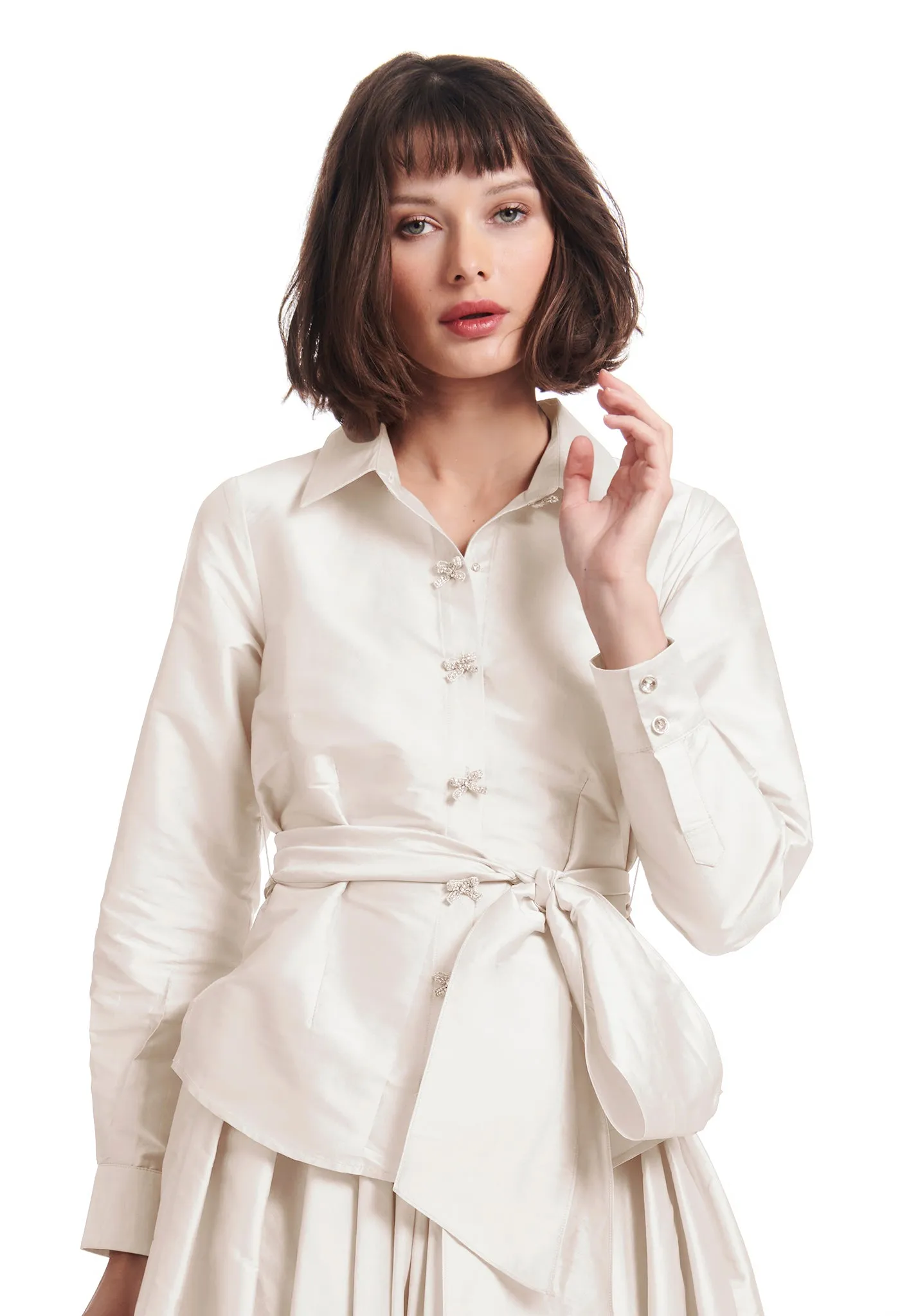TAFFETA BLOUSE WITH CRYSTAL BOW BUTTONS AND SASH WATERMELON