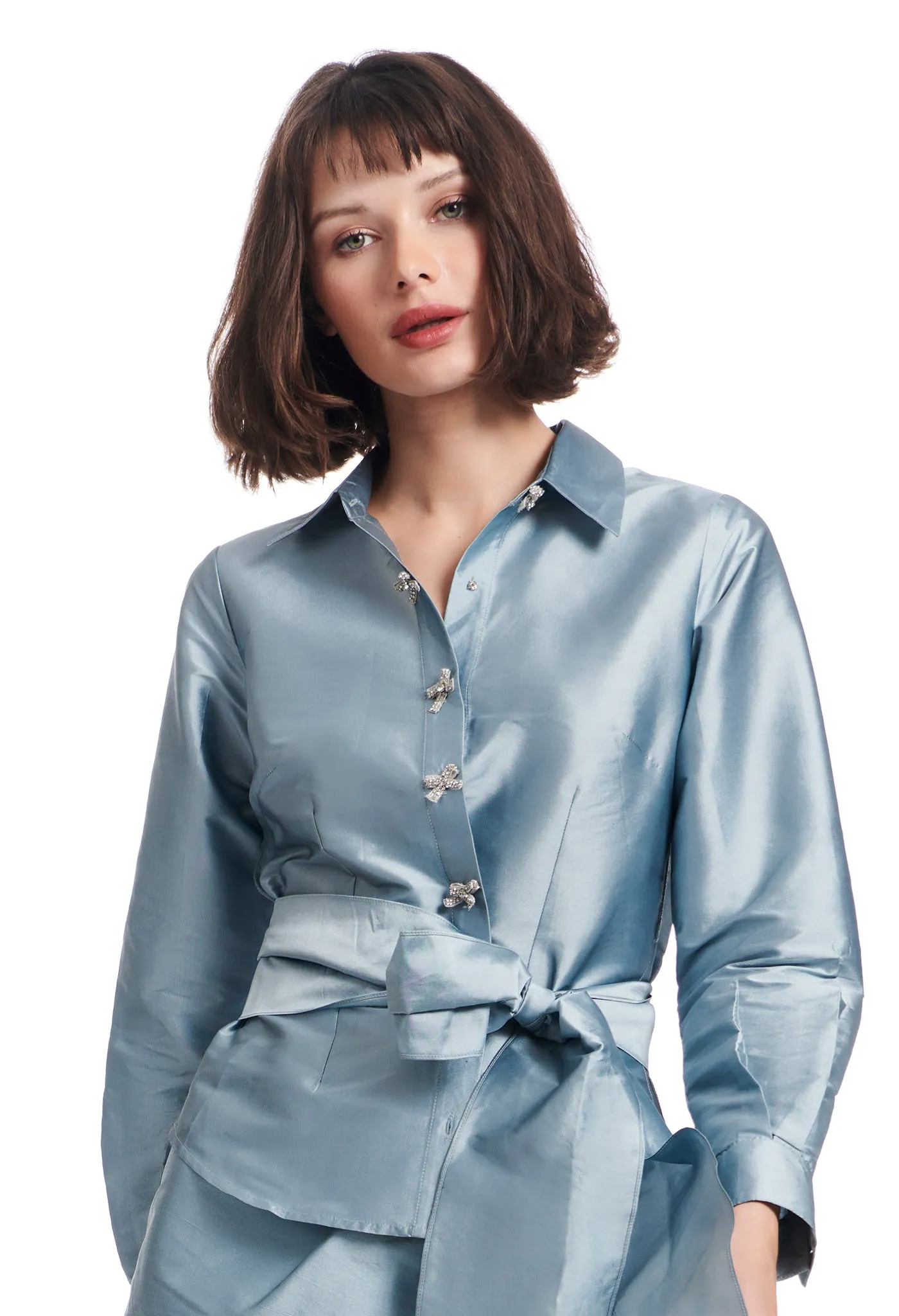 TAFFETA BLOUSE WITH CRYSTAL BOW BUTTONS AND SASH WATERMELON