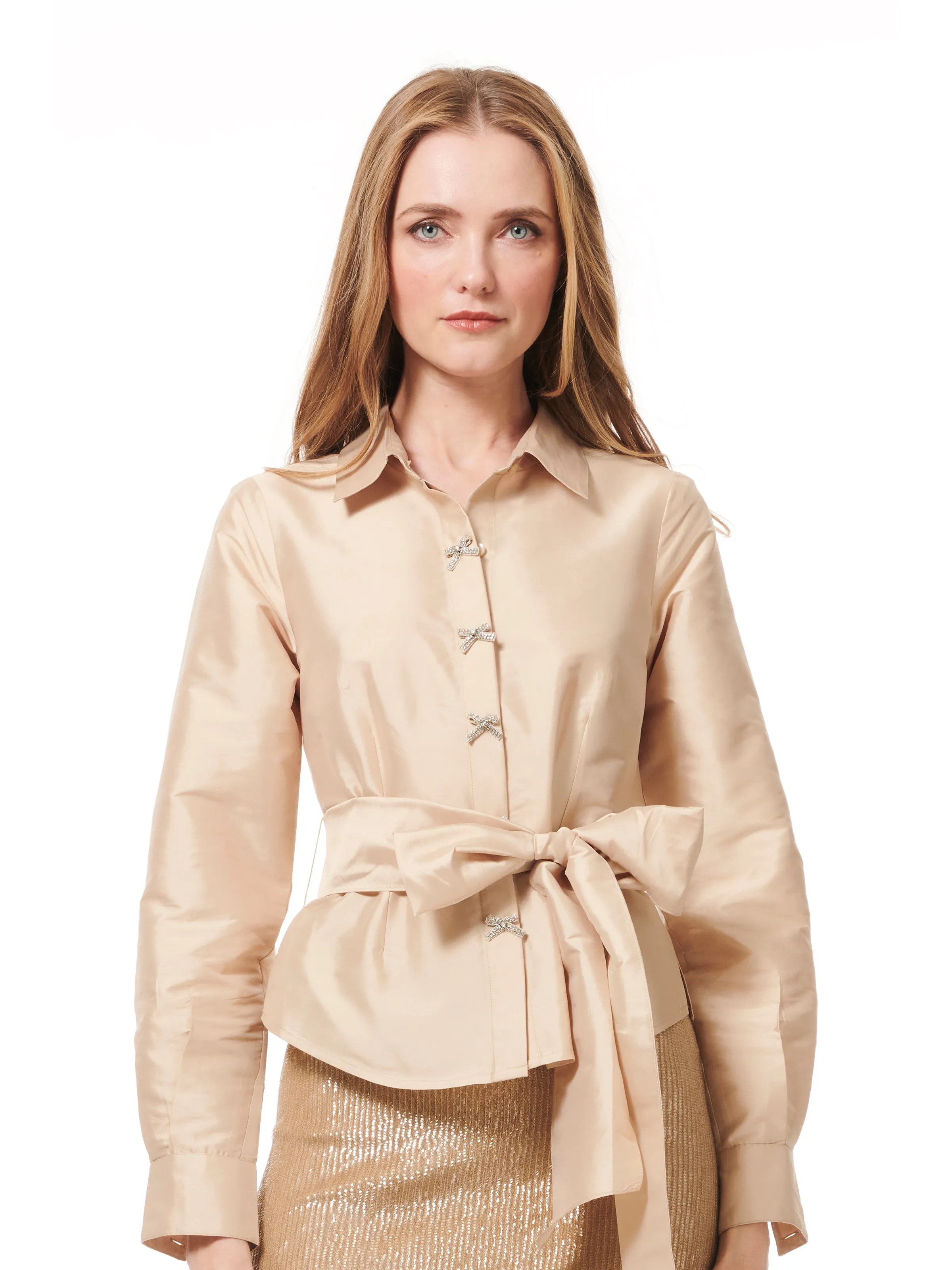 TAFFETA BLOUSE WITH CRYSTAL BOW BUTTONS AND SASH WATERMELON