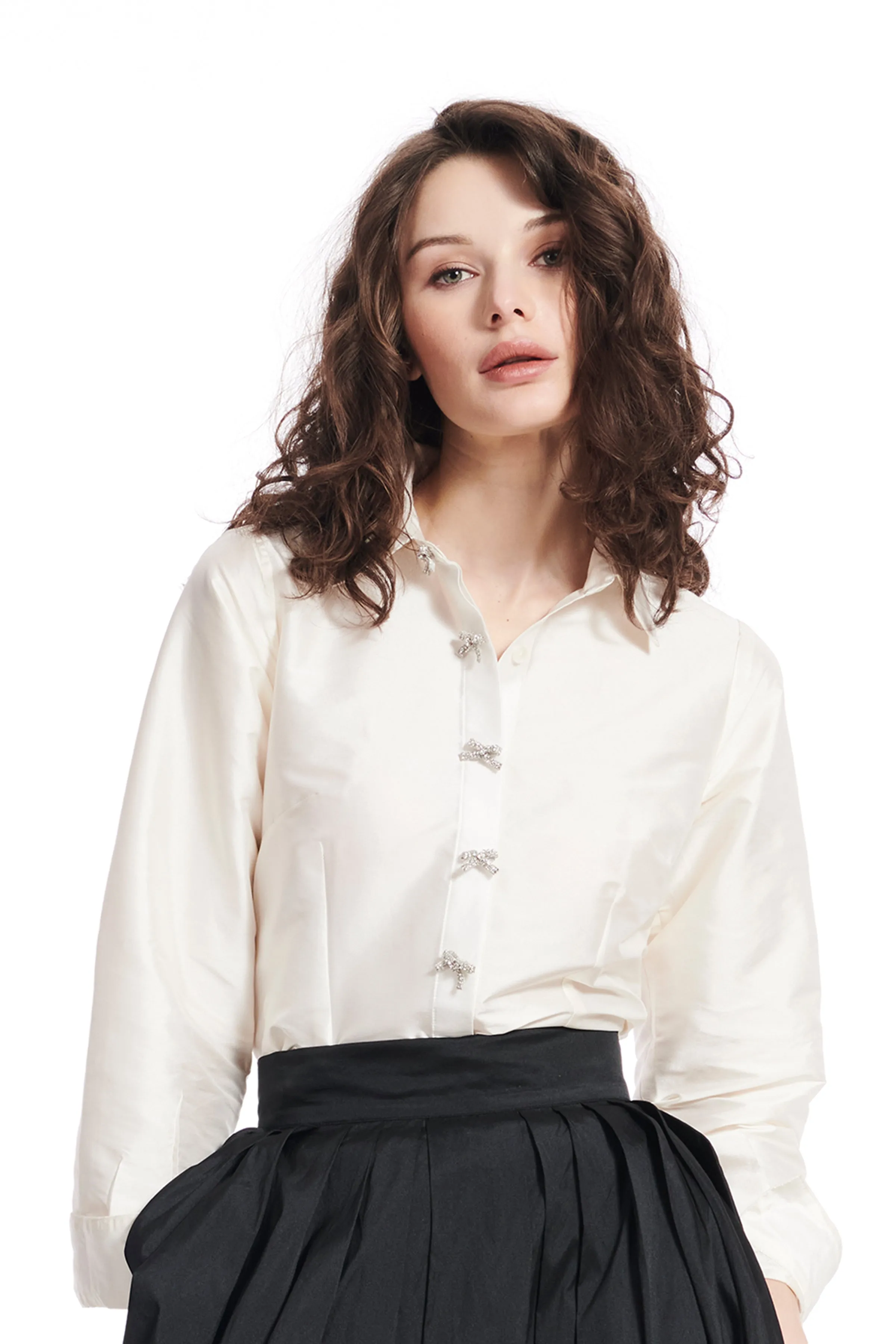 TAFFETA BLOUSE WITH CRYSTAL BOW BUTTONS AND SASH WATERMELON