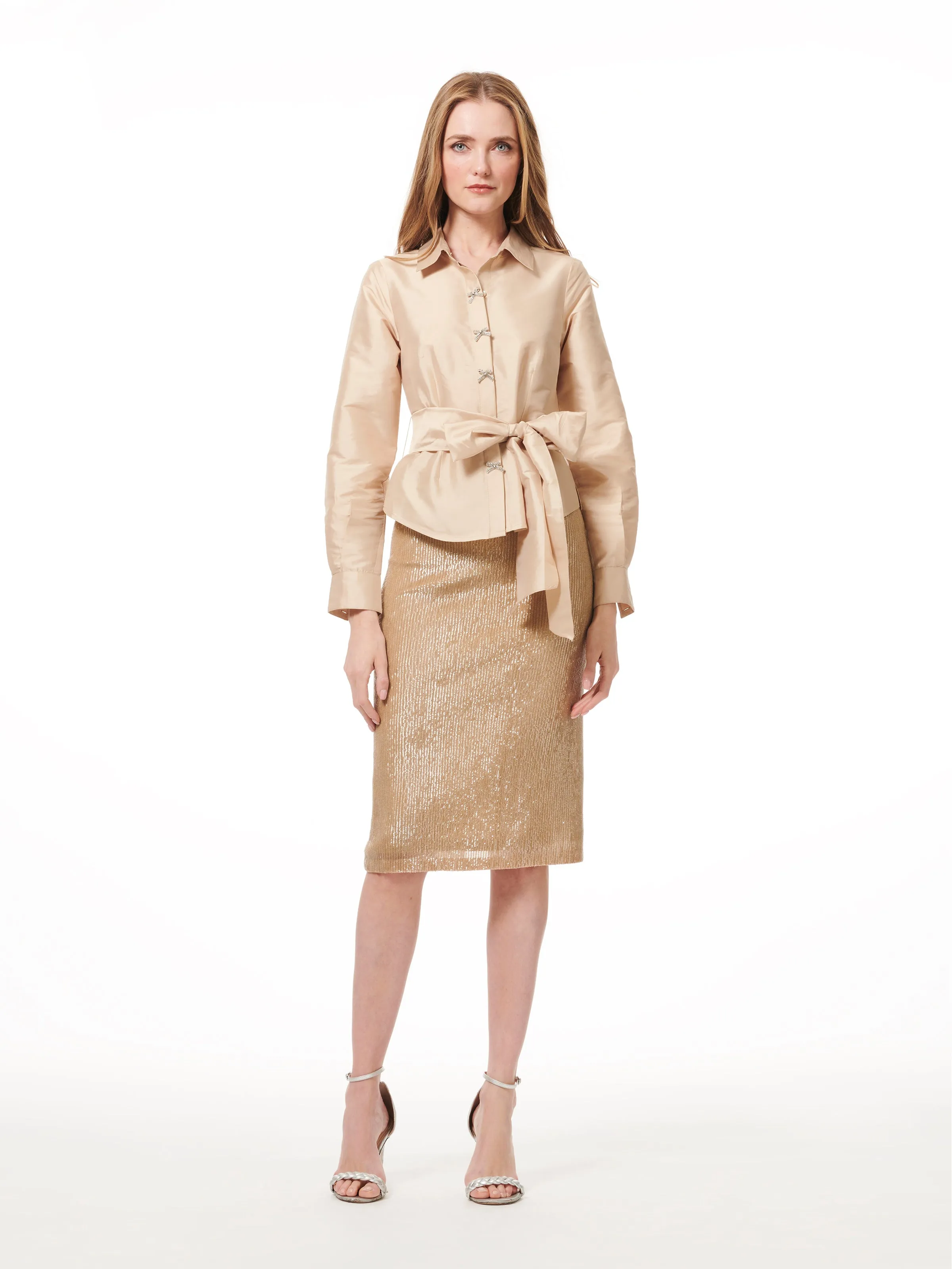 TAFFETA BLOUSE WITH CRYSTAL BOW BUTTONS AND SASH WATERMELON