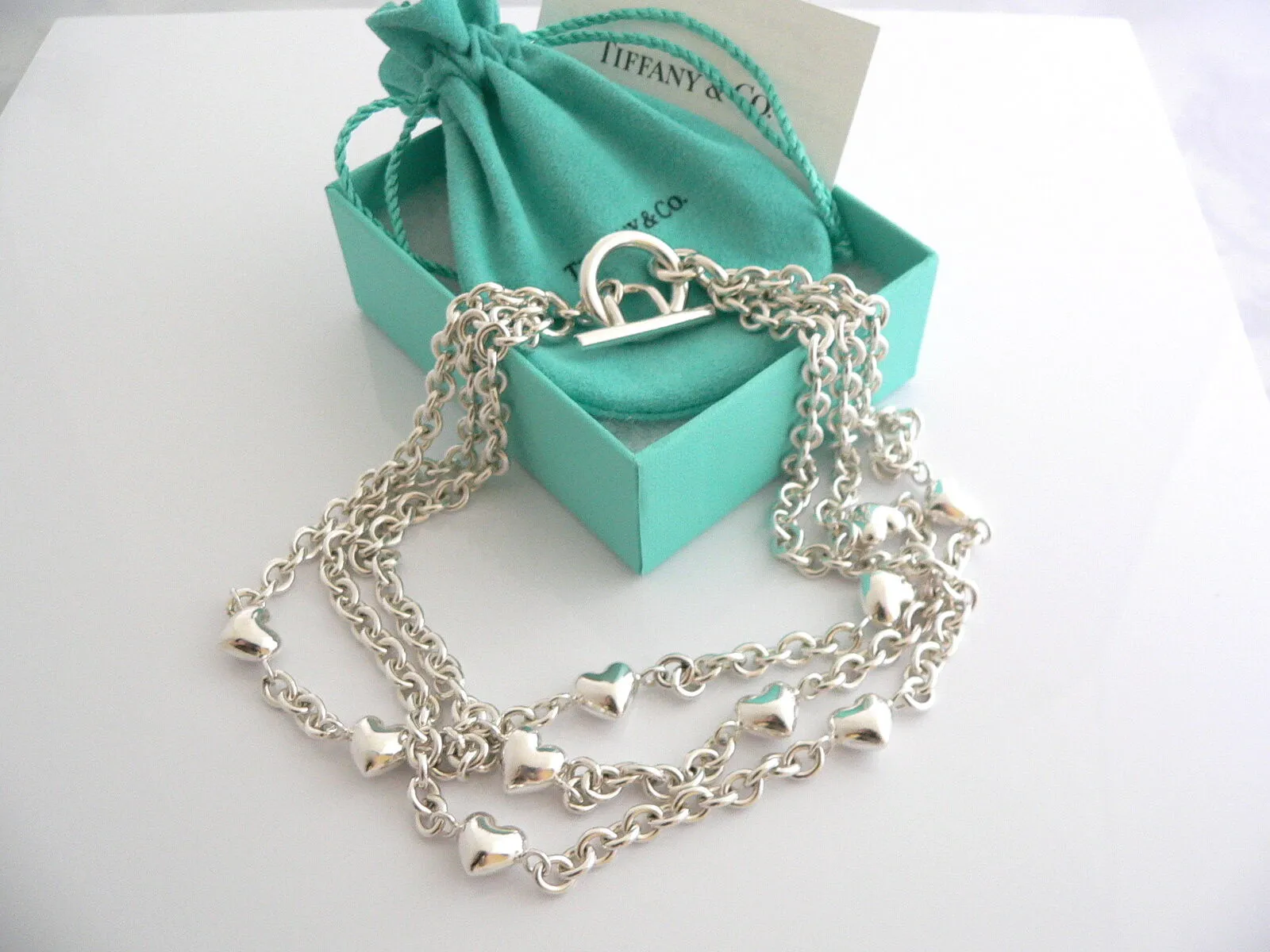 Tiffany & Co Silver Heart Link Toggle Necklace Link Chain Gift Pouch Love Box