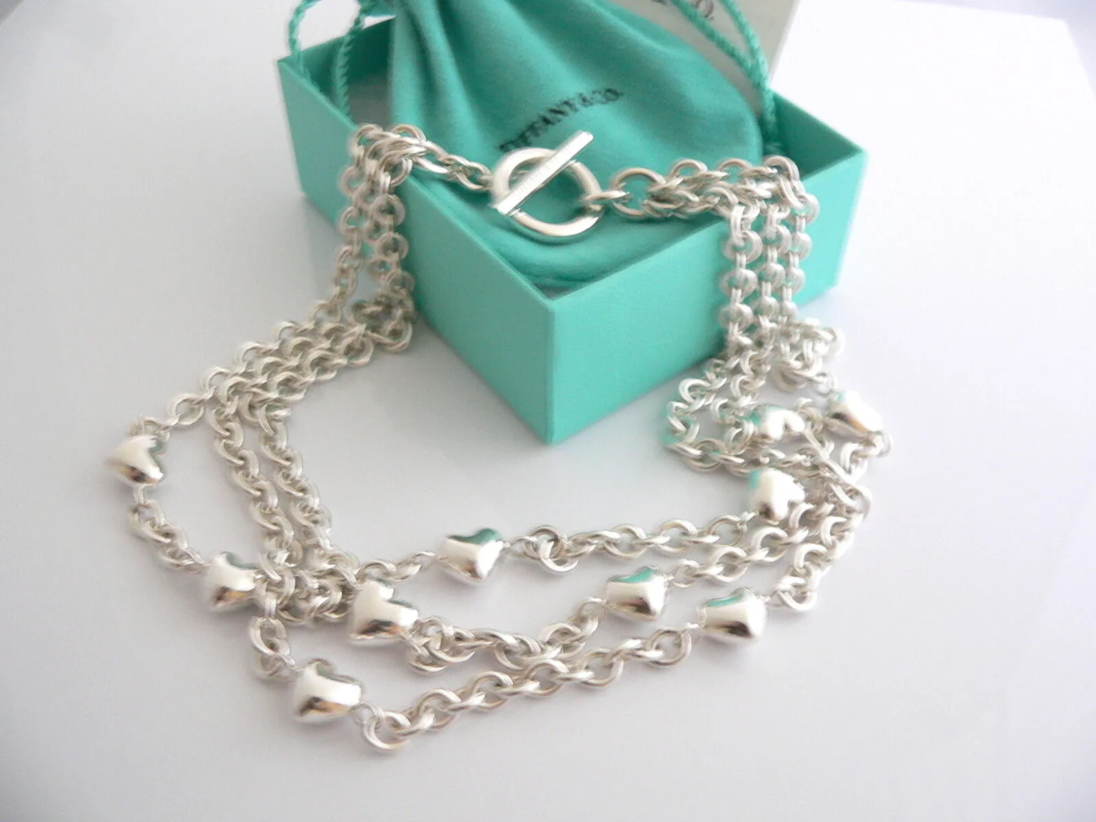 Tiffany & Co Silver Heart Link Toggle Necklace Link Chain Gift Pouch Love Box