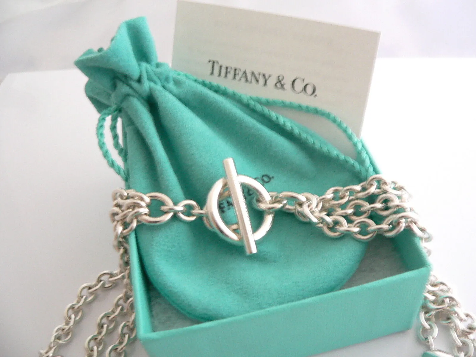 Tiffany & Co Silver Heart Link Toggle Necklace Link Chain Gift Pouch Love Box