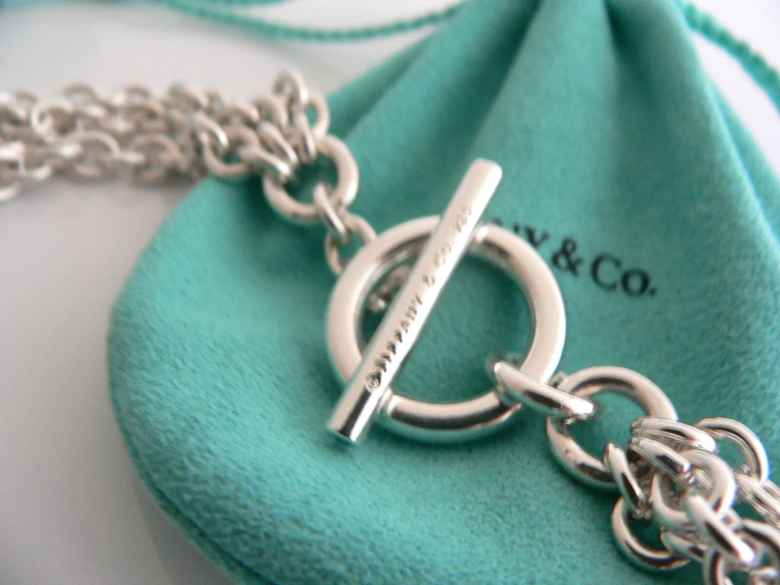 Tiffany & Co Silver Heart Link Toggle Necklace Link Chain Gift Pouch Love Box