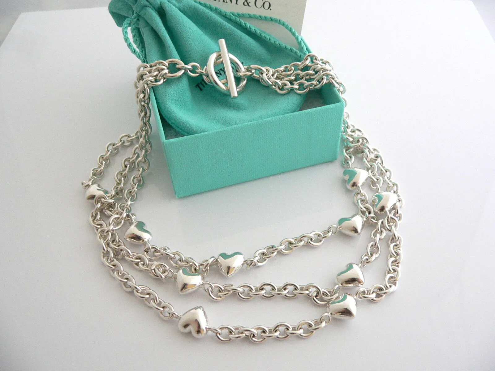 Tiffany & Co Silver Heart Link Toggle Necklace Link Chain Gift Pouch Love Box